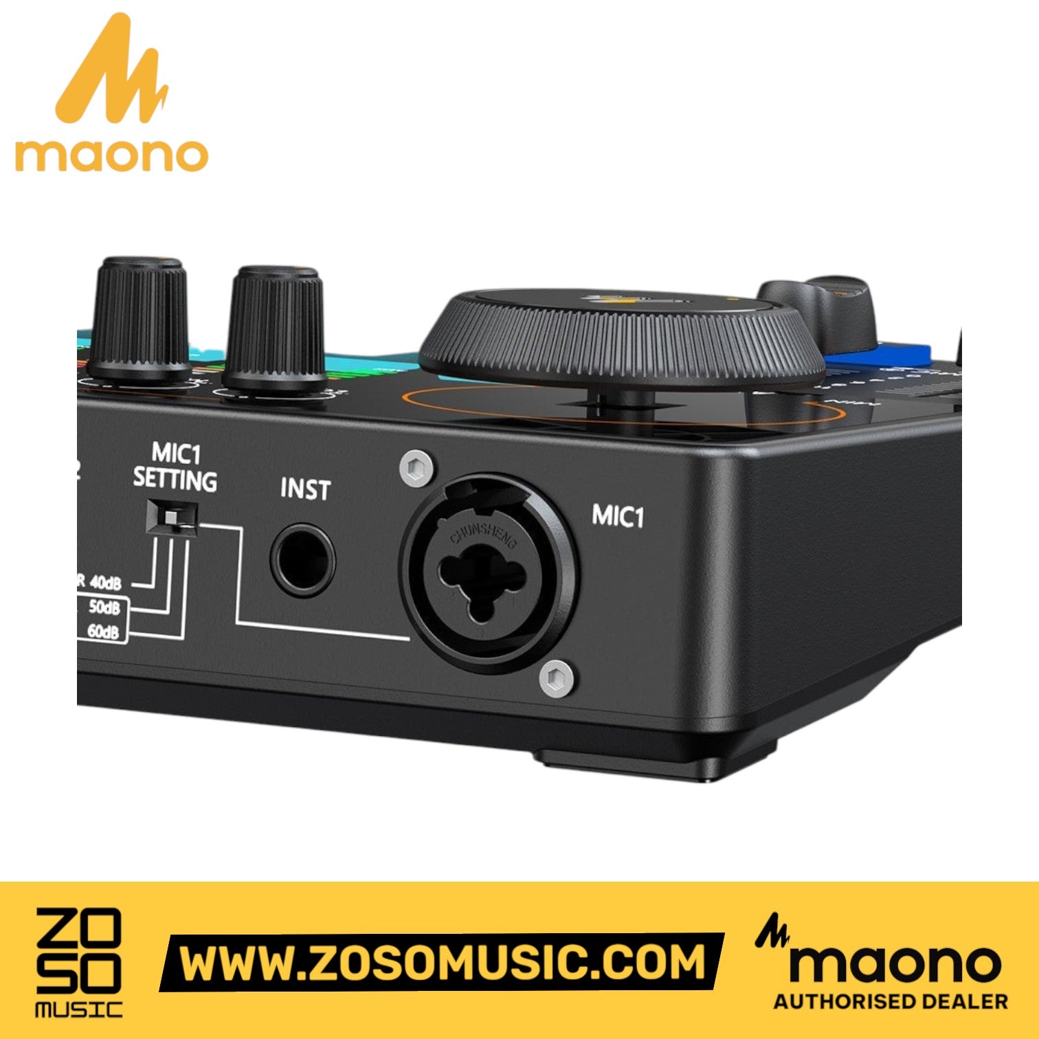 Zoso Music Maonocaster AME2 audio interface showing the MIC1 XLR input, gain settings, and control knobs.