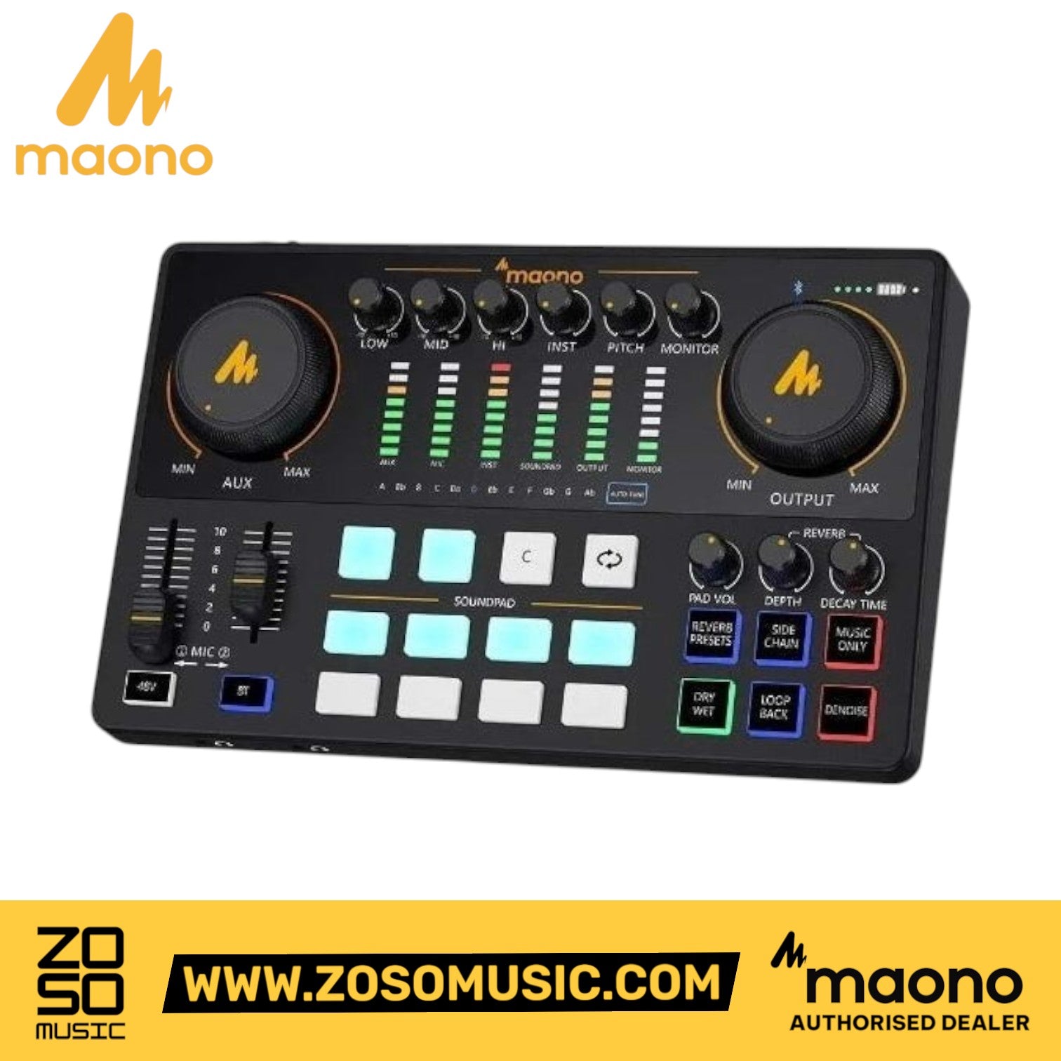 Zoso Music Maonocaster AME2 audio production studio console with sound pads, gain knobs, and LED level indicators.
