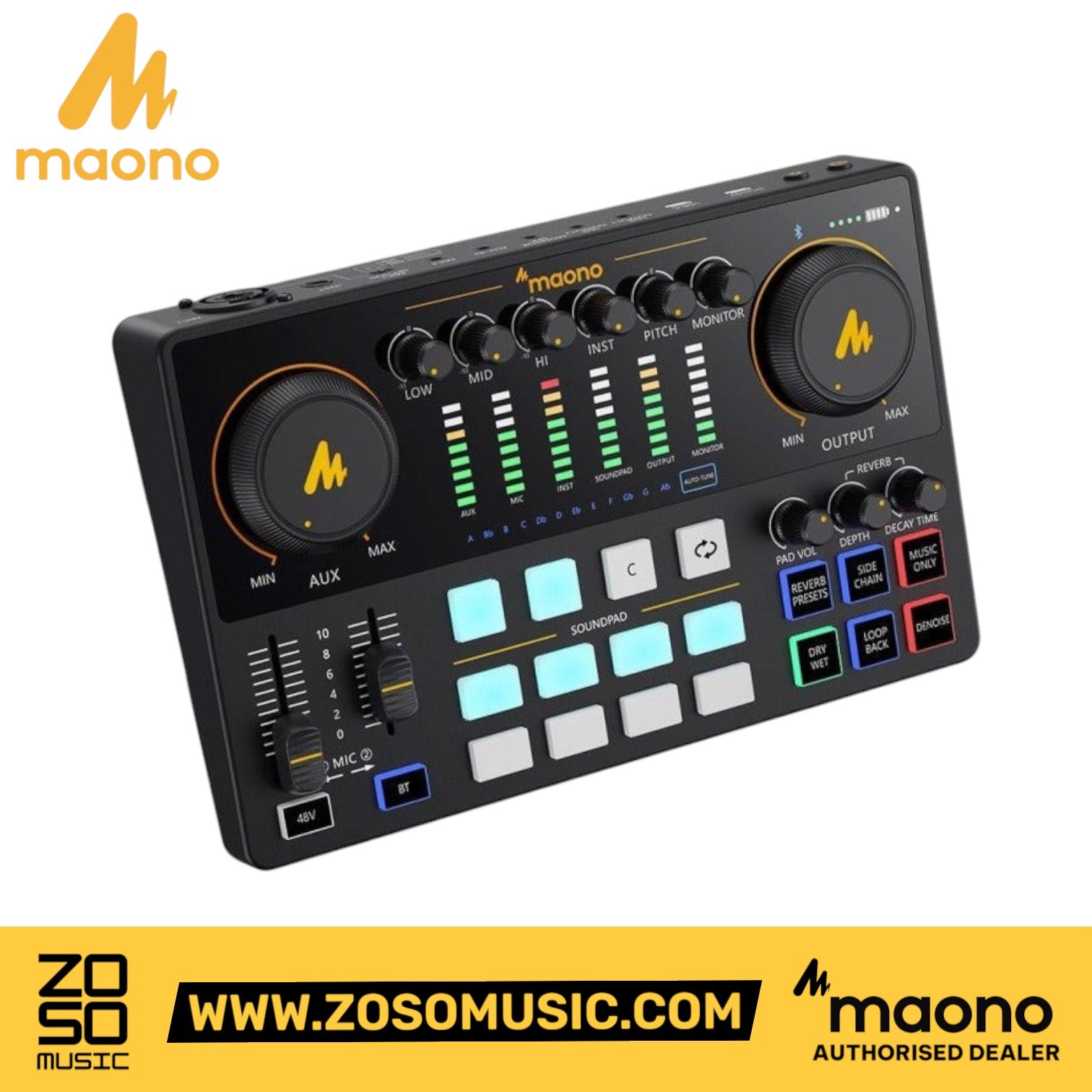 Zoso Music Maonocaster AME2 audio mixer with sound pads, gain knobs, and LED level indicators for podcast streaming.