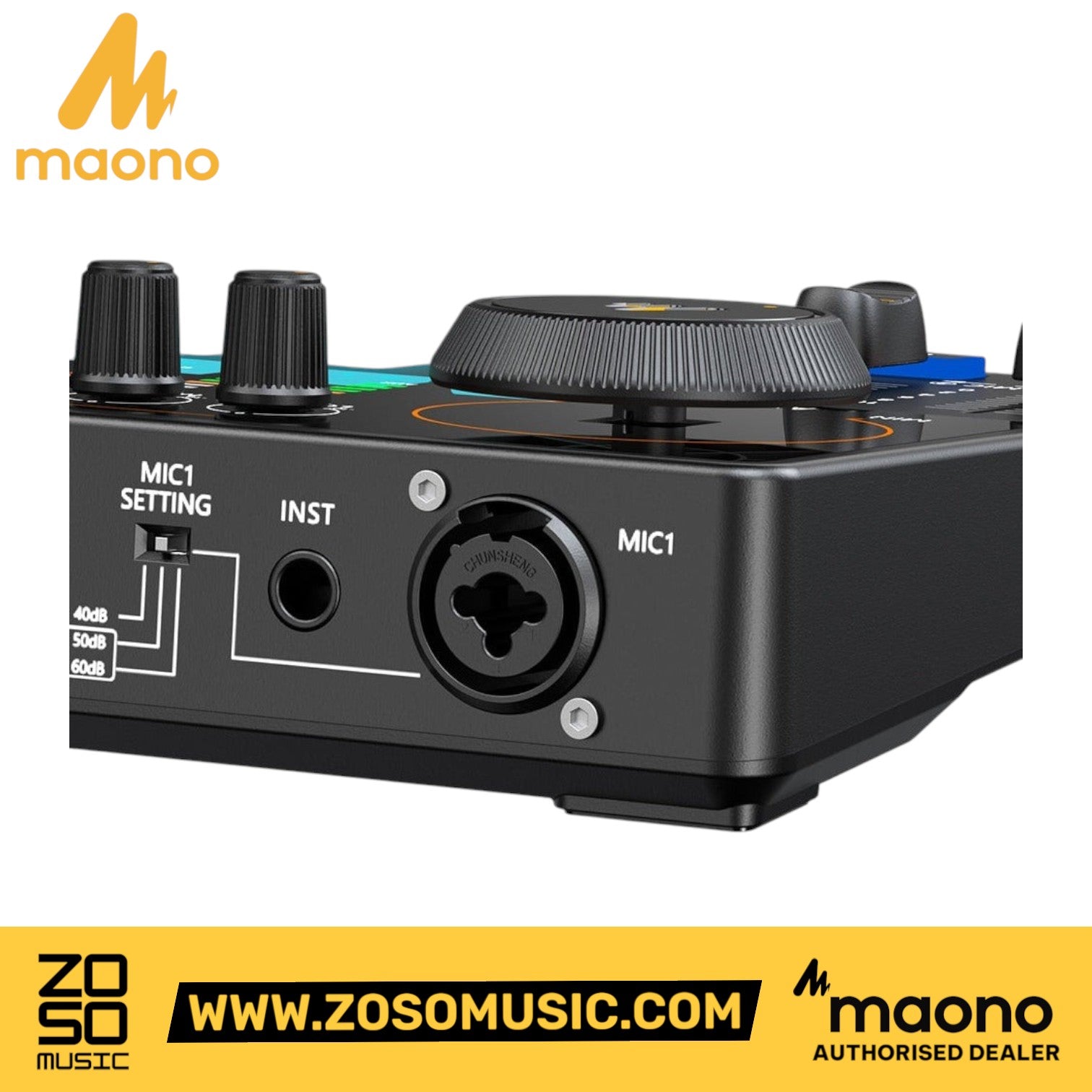 Zoso Music Maonocaster AME2 audio interface showing XLR microphone input, gain settings, and control knobs.