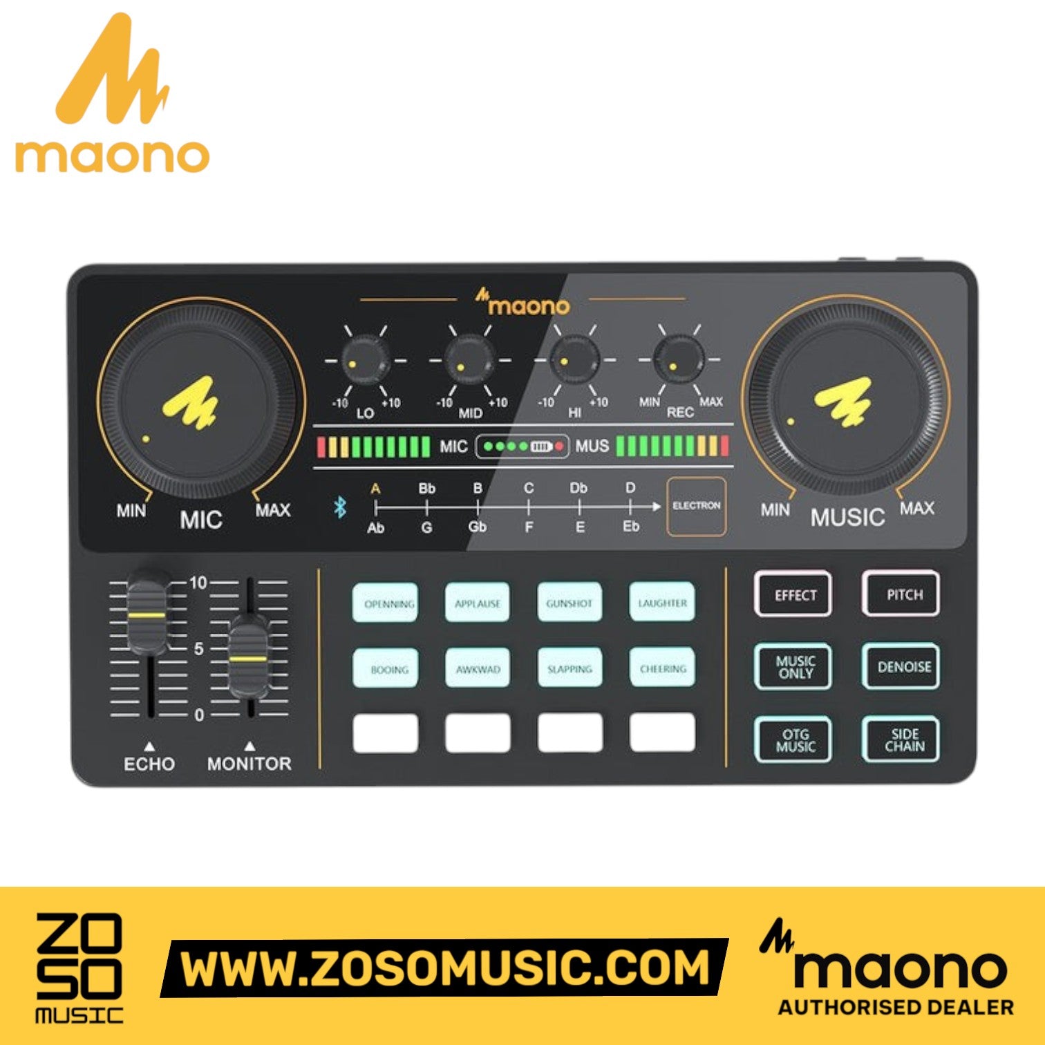Zoso Music Maonocaster Lite AM200 portable podcast audio mixer with touch-sensitive keys and sound effect pads.