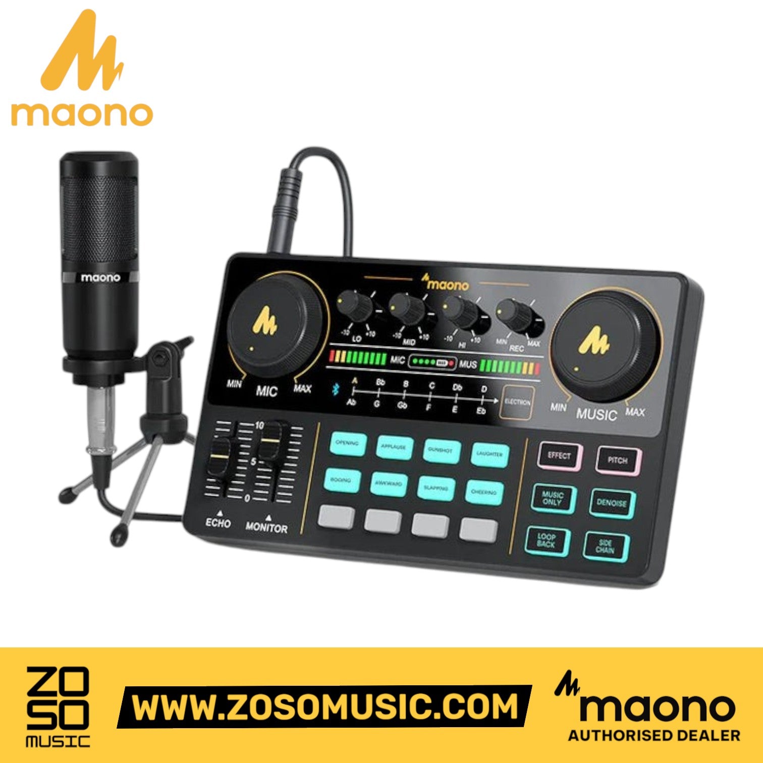 Zoso Music Maono Maonocaster Lite podcasting bundle with black audio mixer and studio microphone on a tripod stand