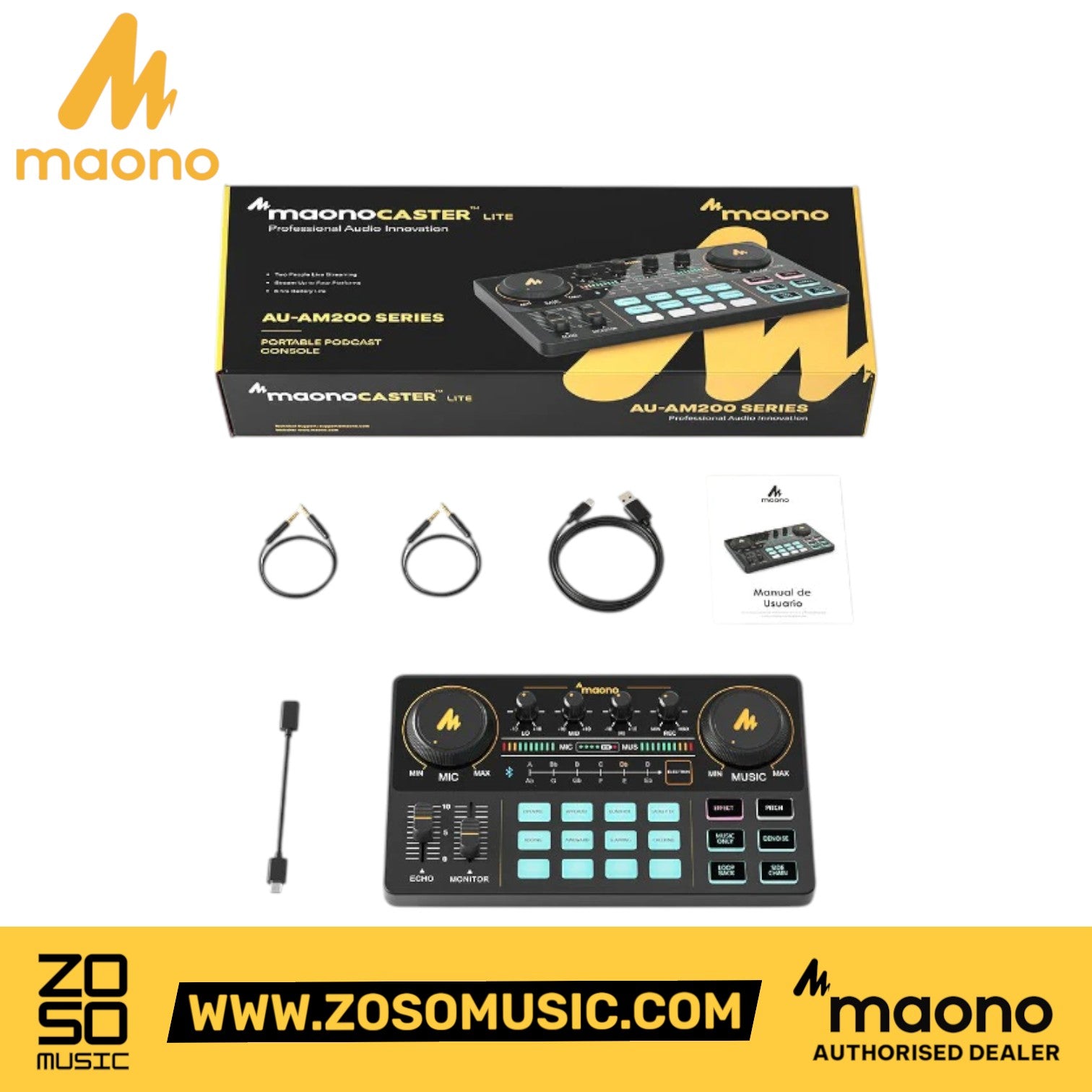 Zoso Music Maonocaster Lite AU-AM200 podcast studio bundle with mixer, cables, and packaging box