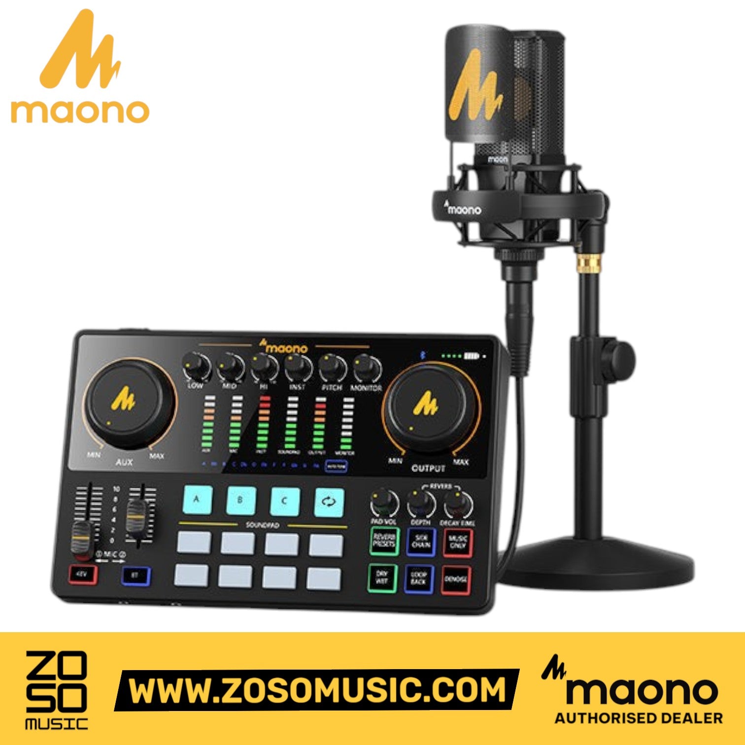 Zoso Music Maonocaster AME2A podcast studio kit with black XLR condenser microphone, stand, and audio interface console.