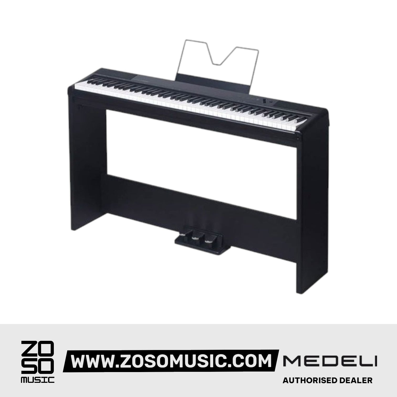 Zoso Music Medeli SP-C120 88-key digital piano in black with weighted keys and pedal unit. Includes music stand.