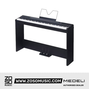 Zoso Music Medeli SP-C120 88-key digital piano in black with weighted keys and pedal unit. Includes music stand.