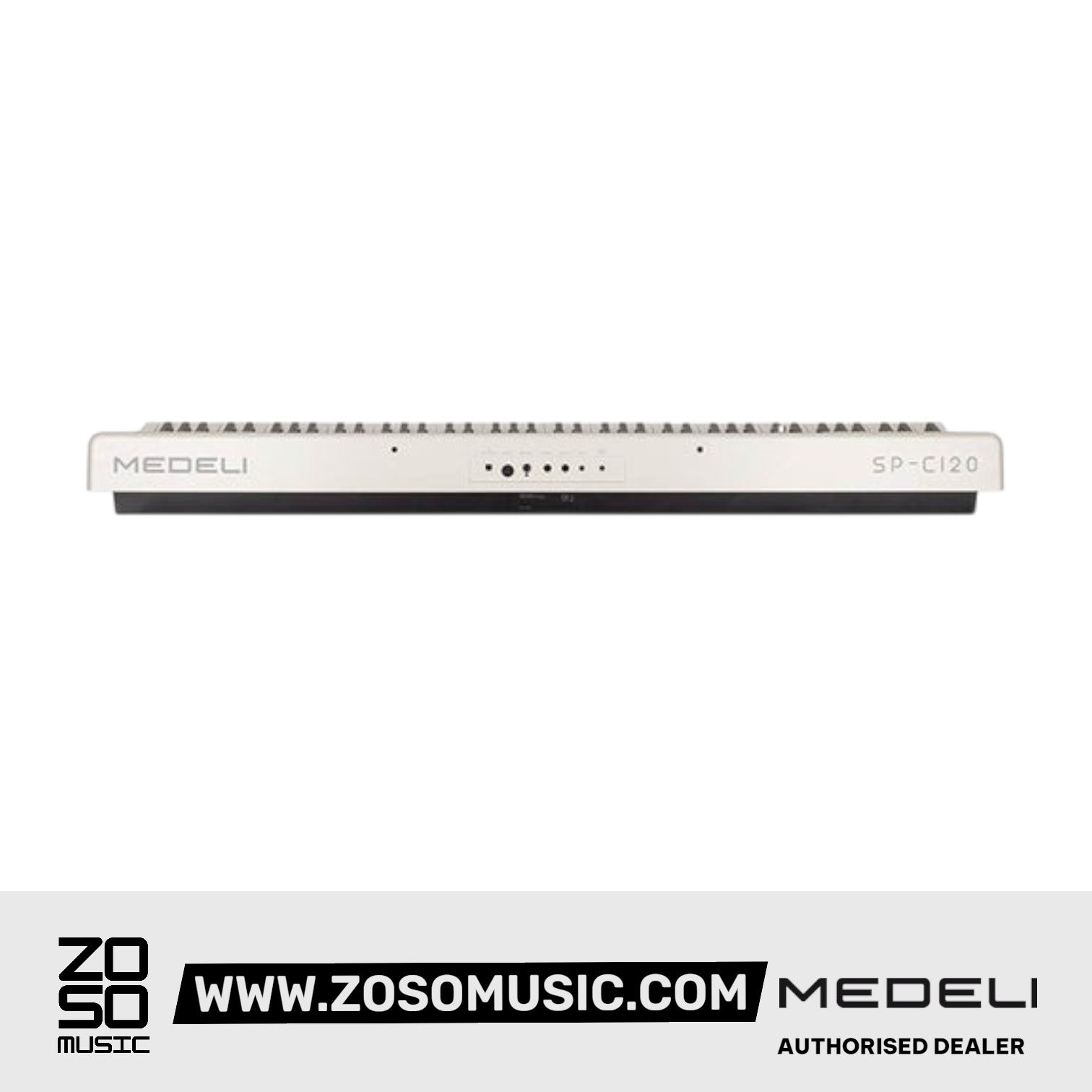 Zoso Music Medeli SP-C120 white 88-key digital piano with ports and controls on the back panel.