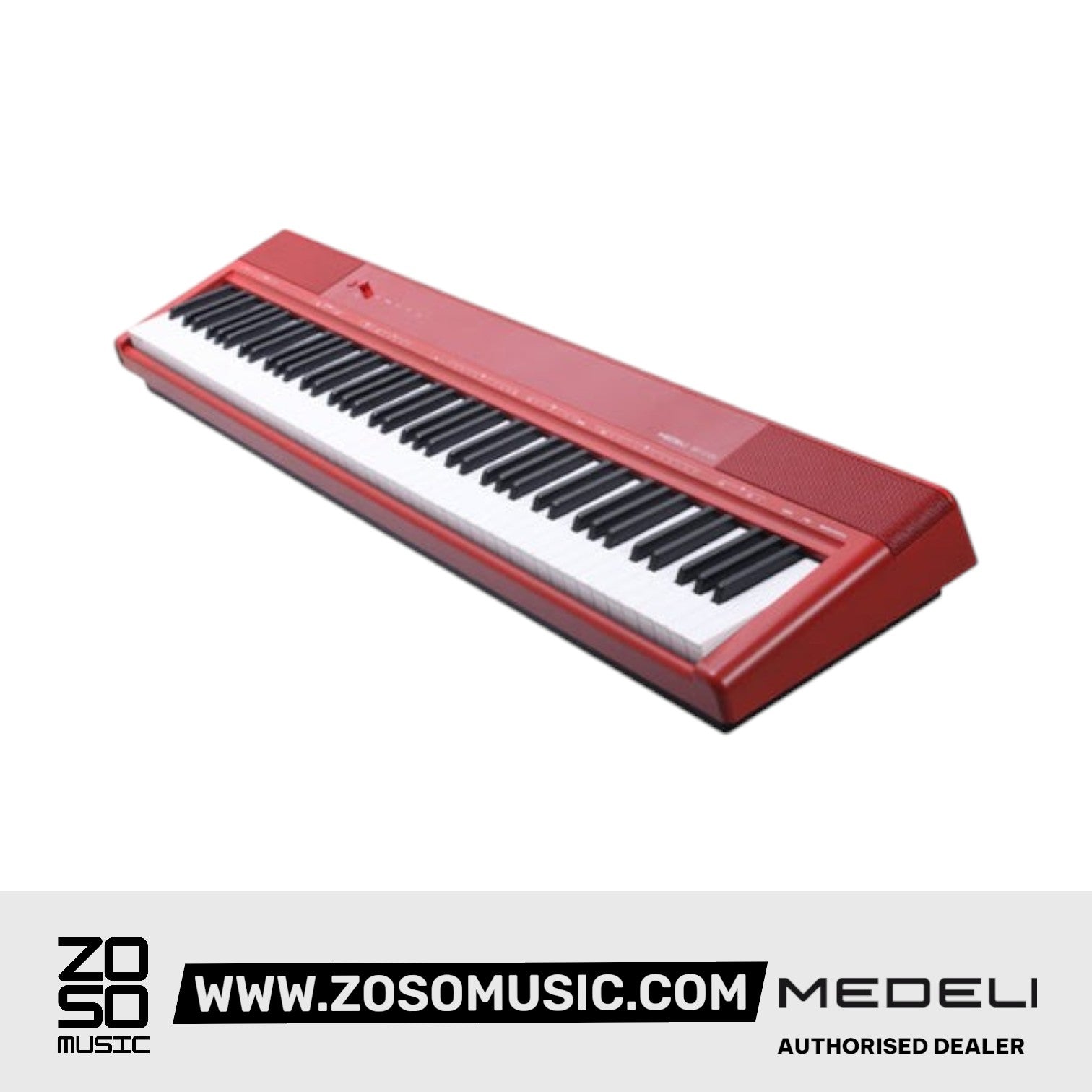 Zoso Music Medeli SP-C120 red 88-key digital piano with weighted, touch-sensitive keys and built-in speakers.