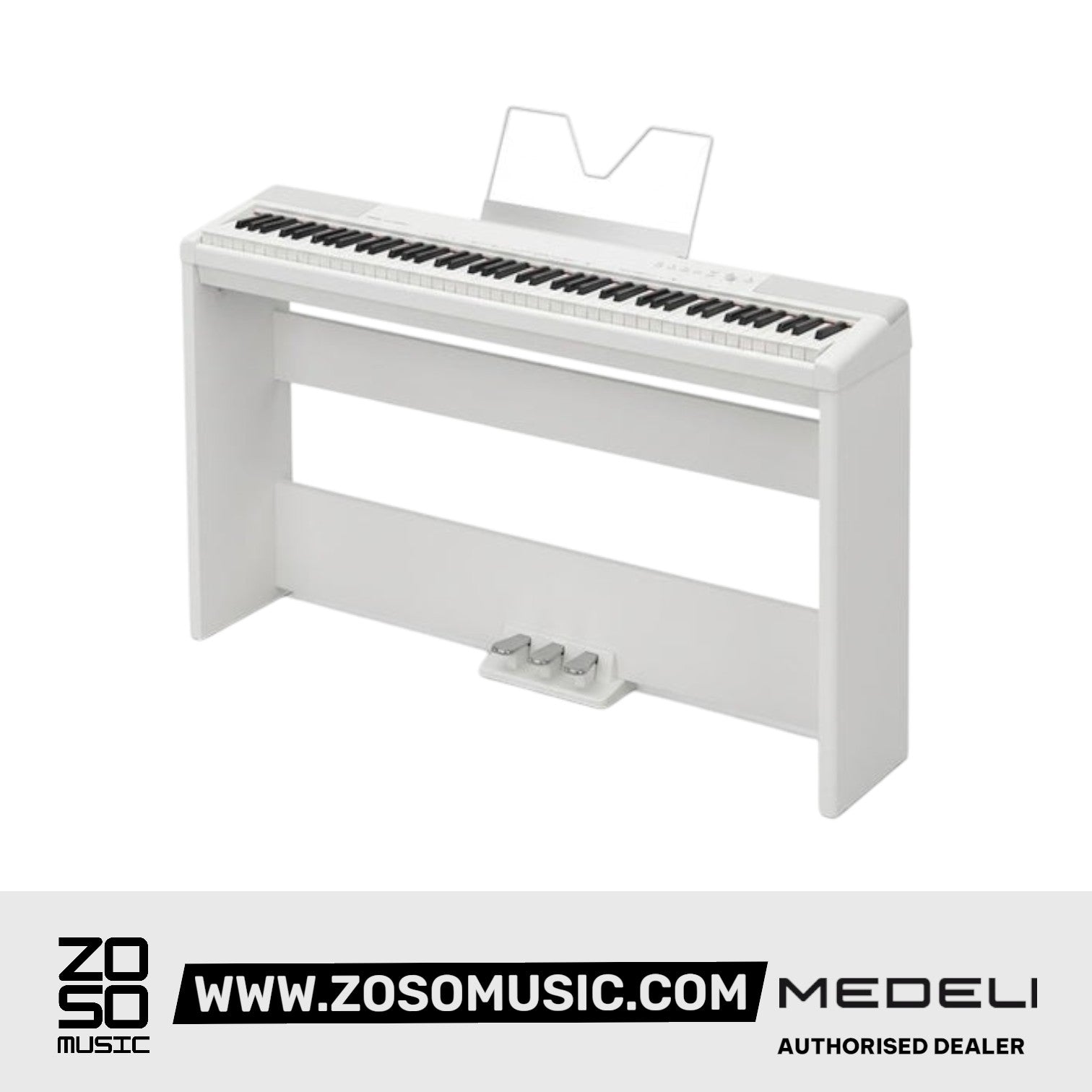 Zoso Music Medeli SP-C120 white 88-key digital piano with weighted keys and pedals, ideal for beginners.