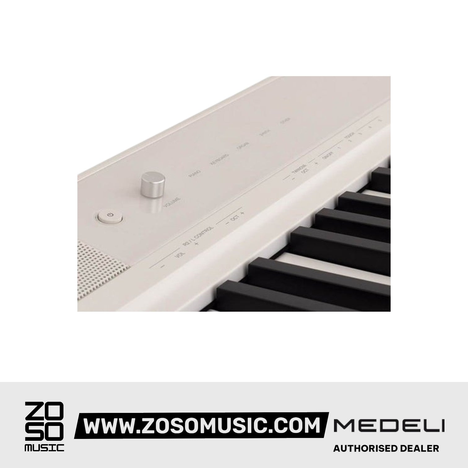 Zoso Music Medeli SP-C120 white 88-key digital piano with volume knob and control buttons.