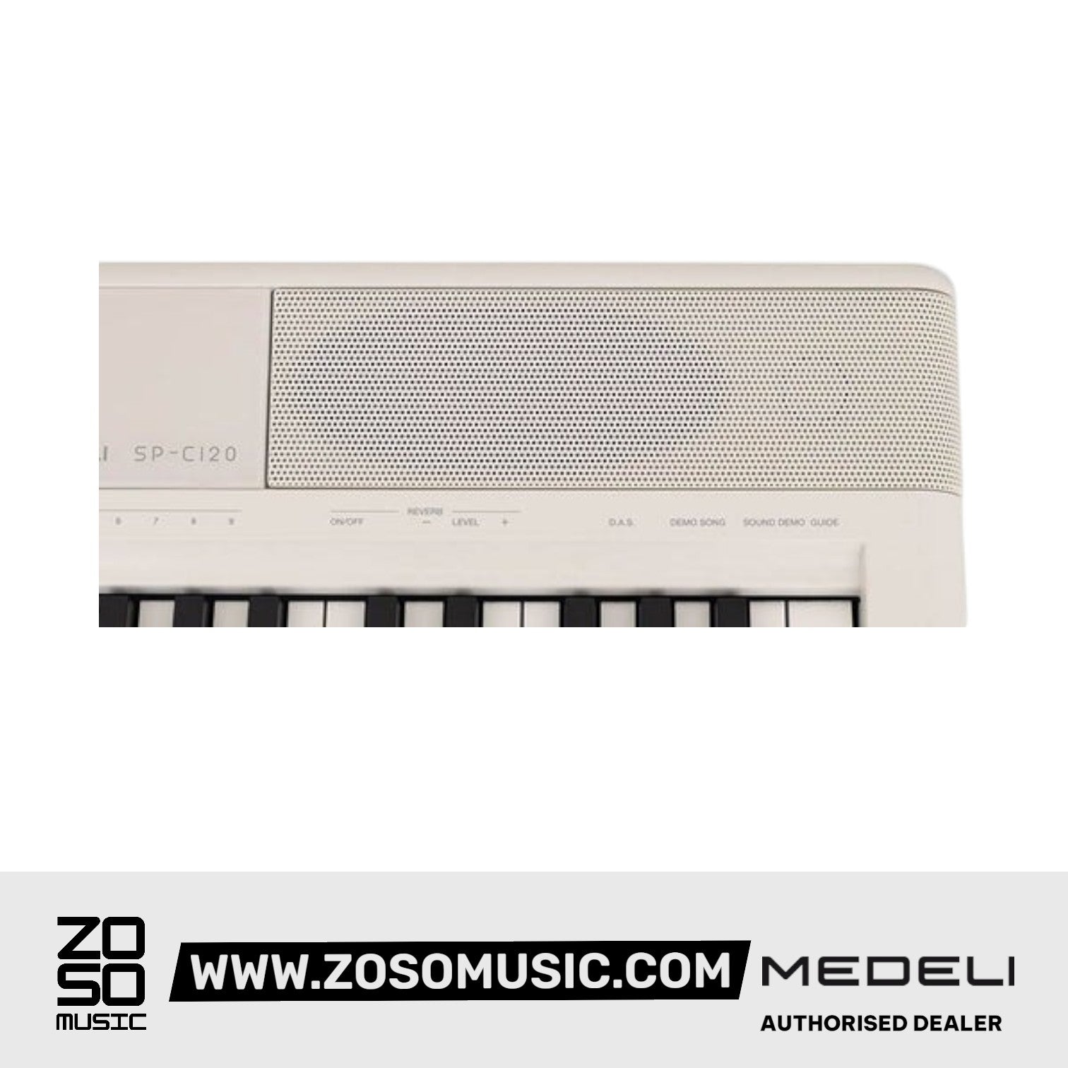 Zoso Music Medeli SP-C120 white 88-key digital piano with touch-sensitive weighted keys and built-in speakers.
