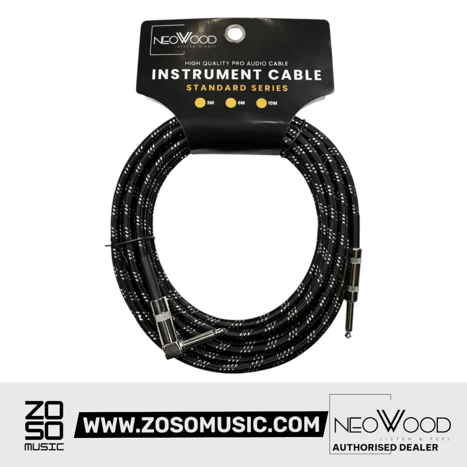 Zoso Music Neowood 6-meter instrument cable with braided black and white pattern and right-angled 1/4 inch plug