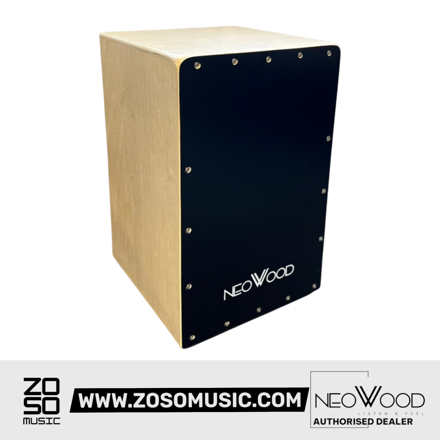 Zoso Music Neowood WL-506R birch wood cajon with a black front plate and wire snare system
