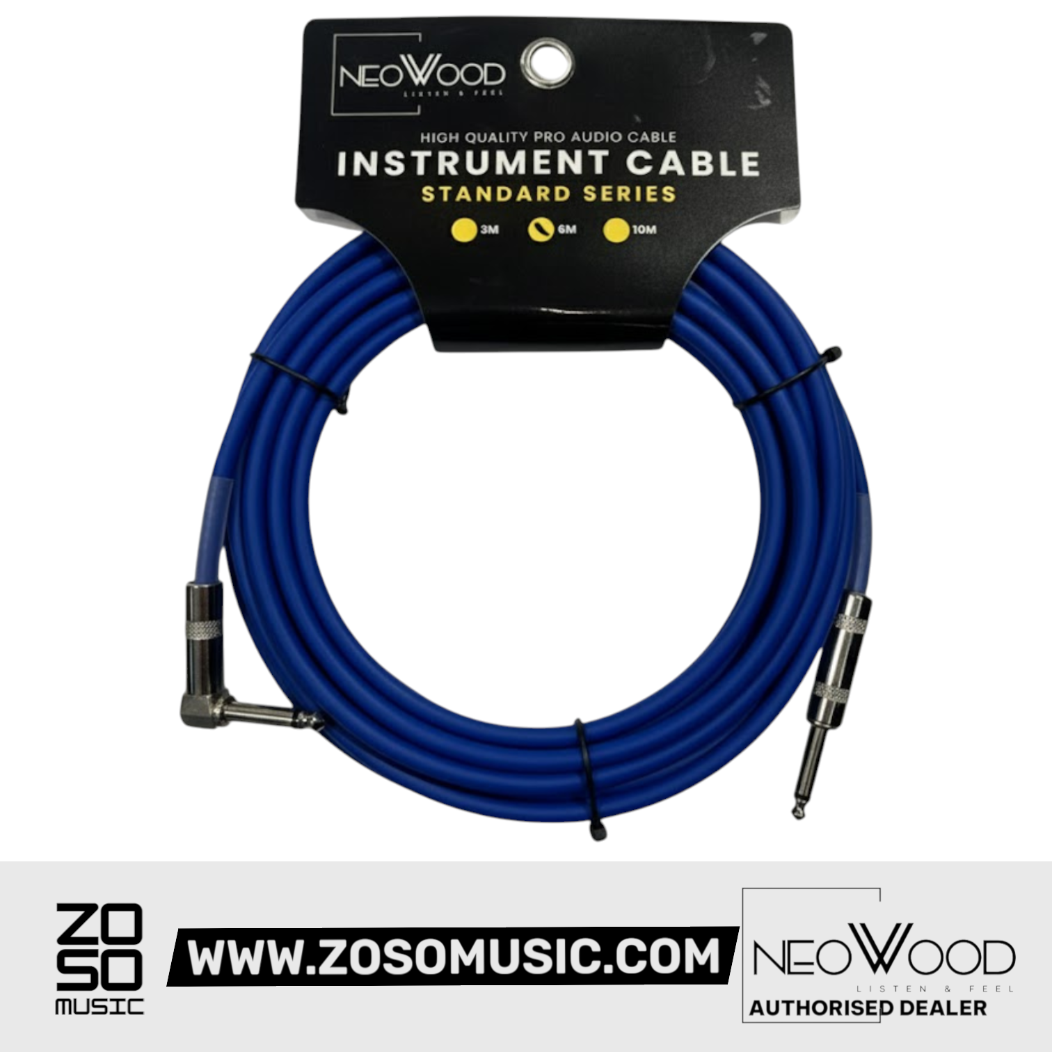 Zoso Music Neowood AMO002 blue instrument cable with one straight and one right-angled 1/4 inch jack plug