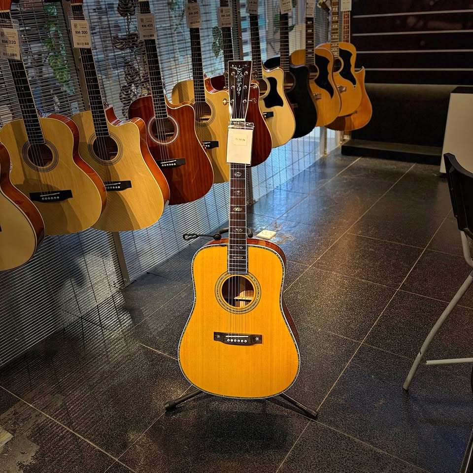 Zoso Music Neowood D45T dreadnought acoustic guitar with natural spruce top and mahogany body in a music store
