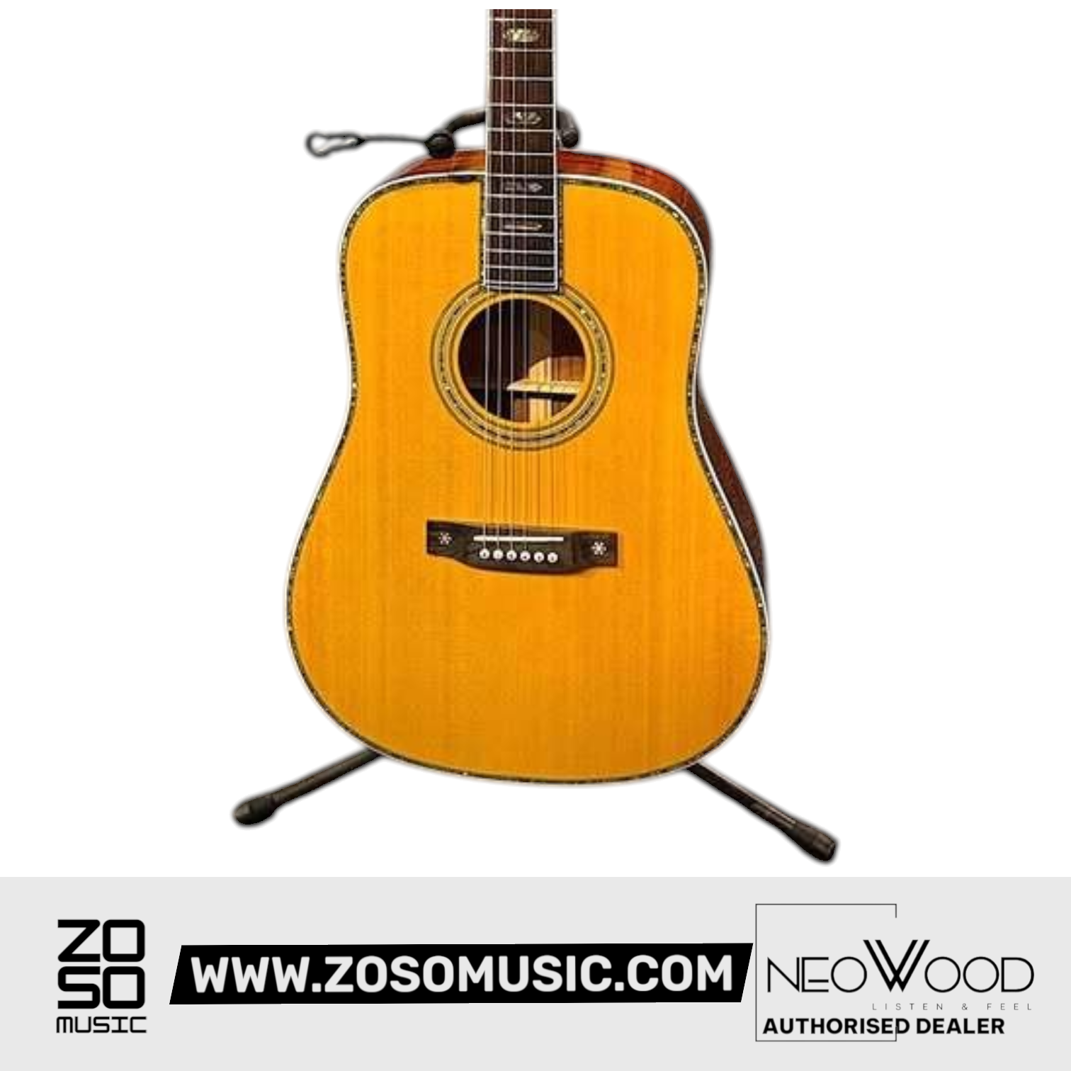 Zoso Music Neowood D45T dreadnought acoustic guitar with natural spruce top and mahogany body in a music store