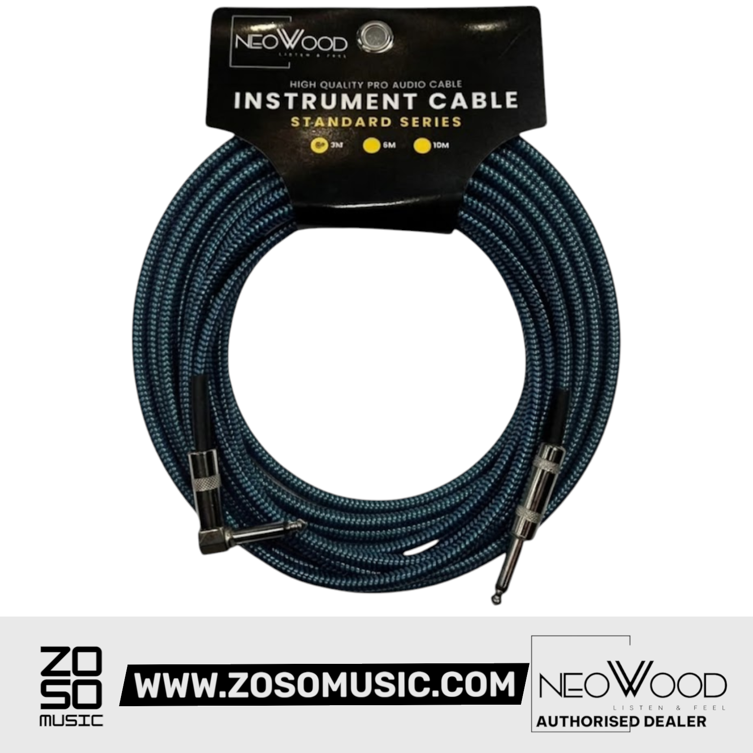 Zoso Music Neowood AMP006 3-meter instrument cable with braided blue jacket and right-angled 1/4 inch connector.