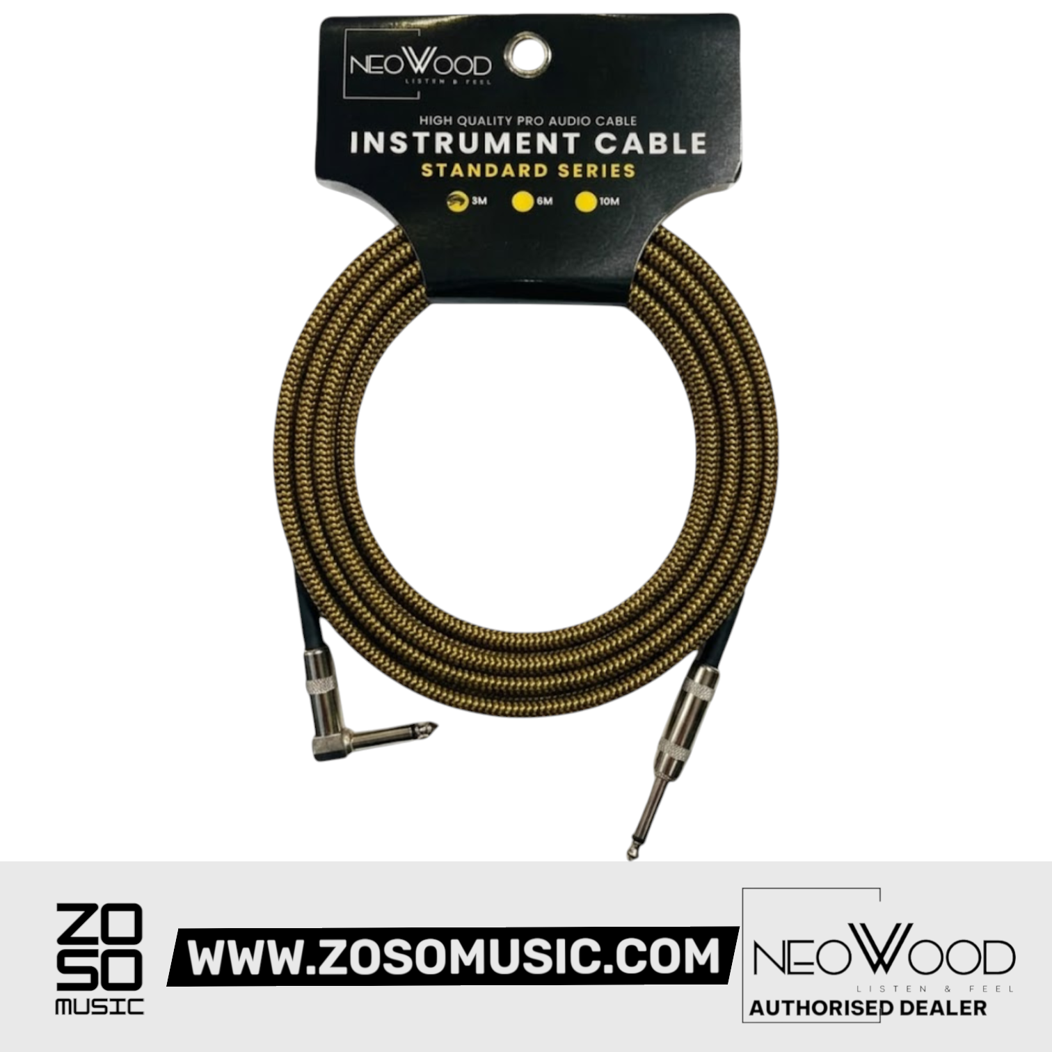 Zoso Music Neowood 3-meter instrument cable with braided brown jacket, straight and right-angled 1/4-inch plugs