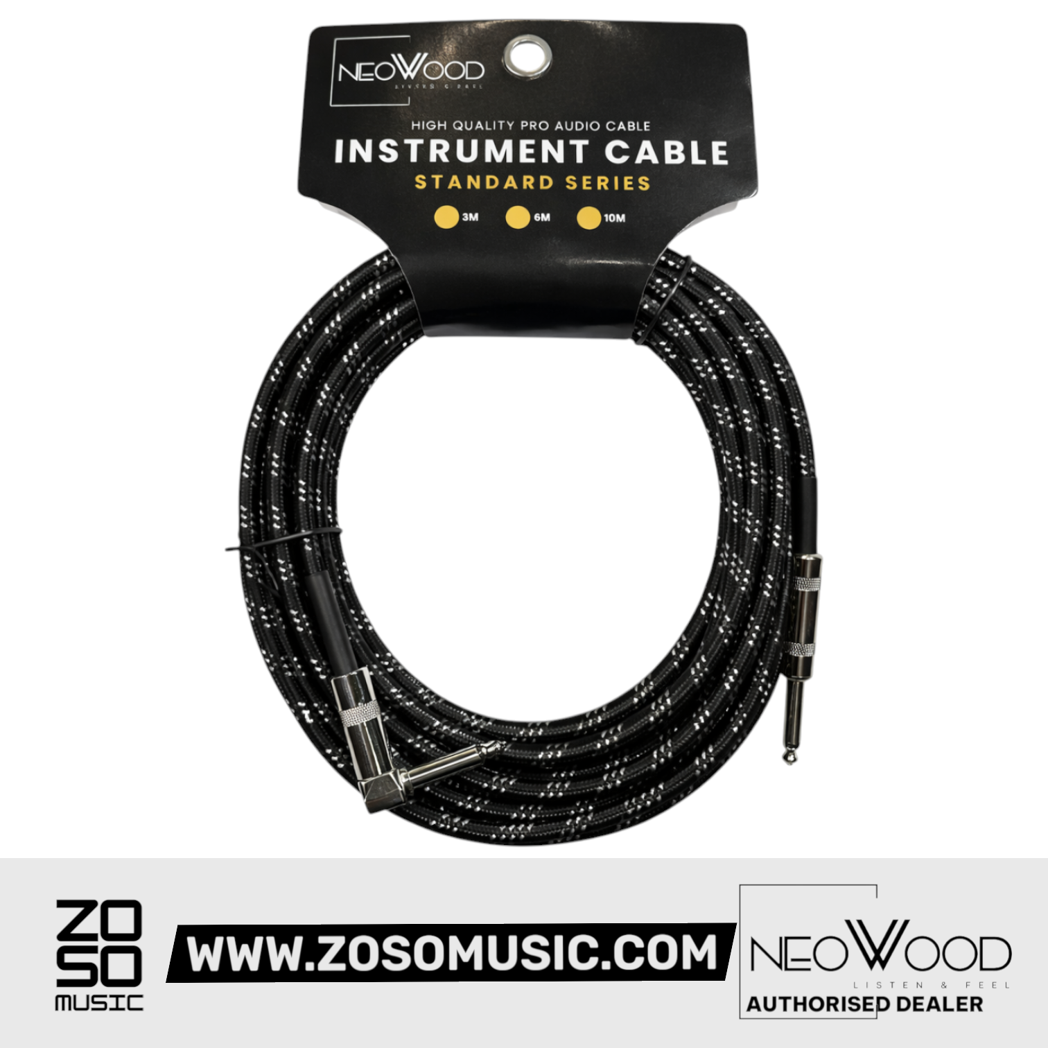 Zoso Music Neowood AMP006 3-meter instrument cable with braided black and white jacket and right-angled plug.
