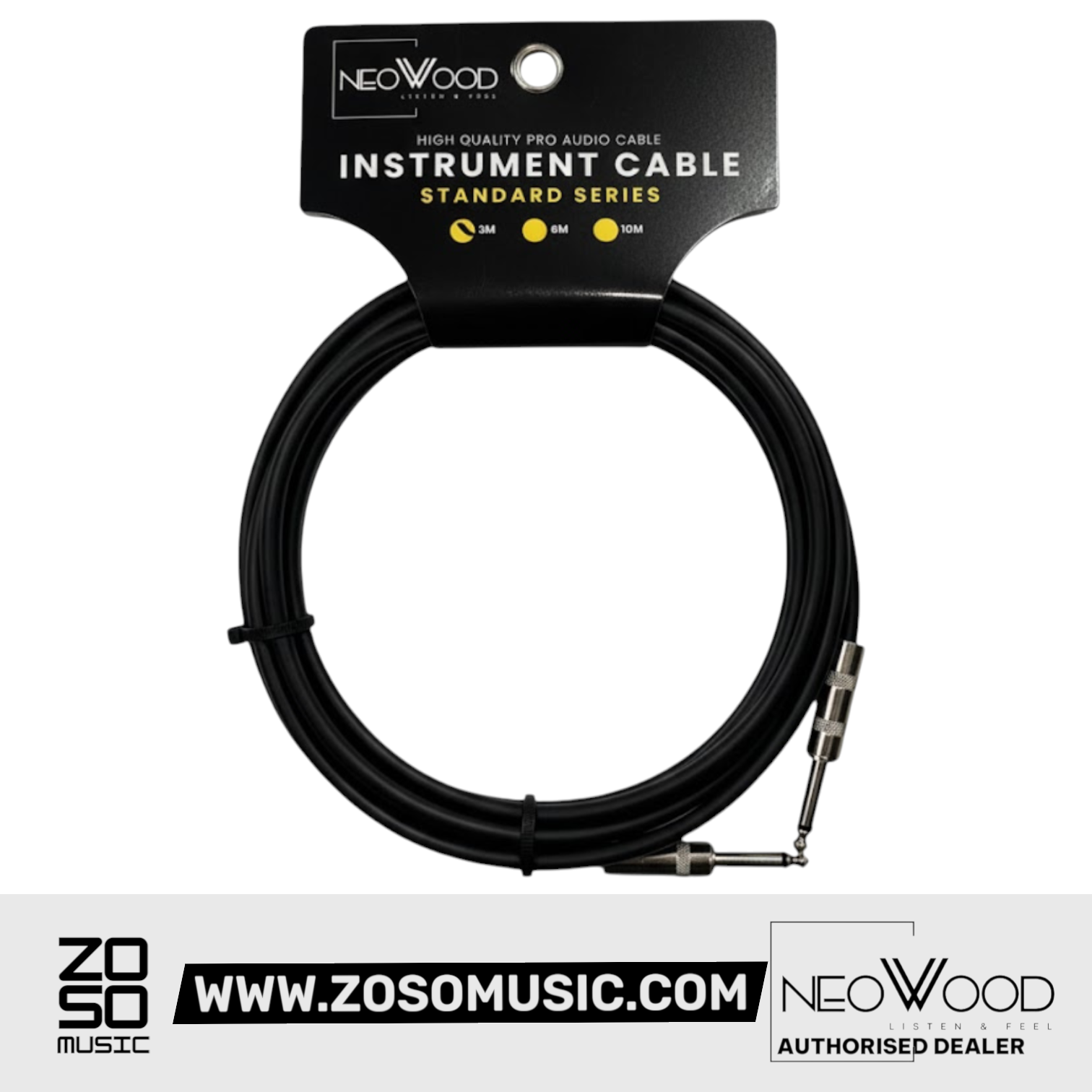 Zoso Music Neowood AMO002 black instrument cable with straight and right-angled 1/4 inch jacks on retail packaging
