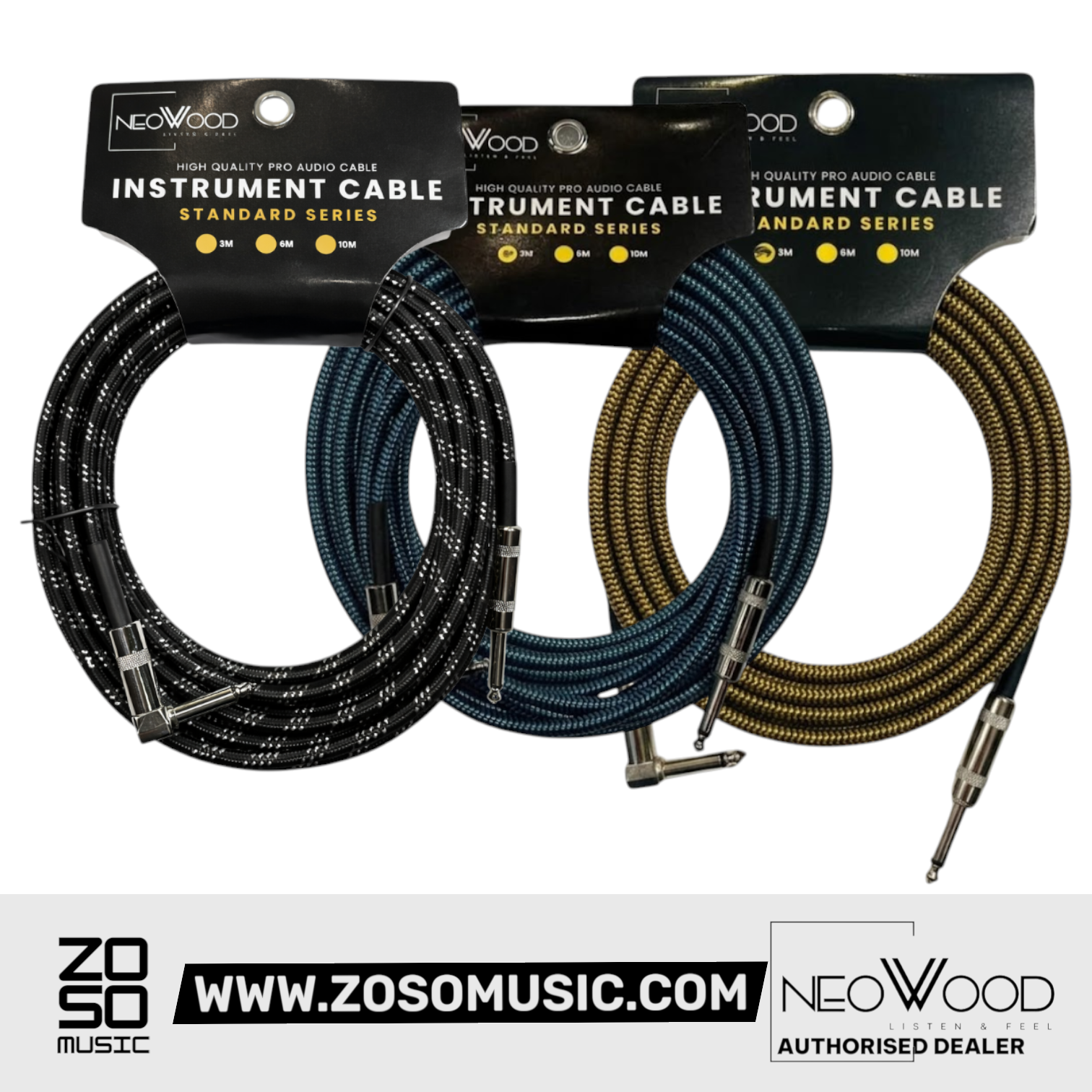Zoso Music Neowood AMP006 3-meter instrument cables with braided jackets in black, blue, and gold patterns.