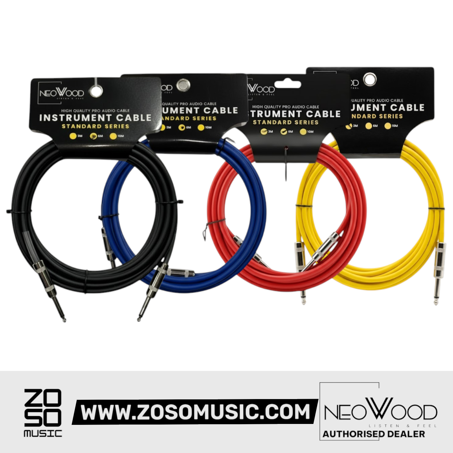 Zoso Music Neowood instrument cables in black, blue, red, and yellow with straight 1/4 inch connectors