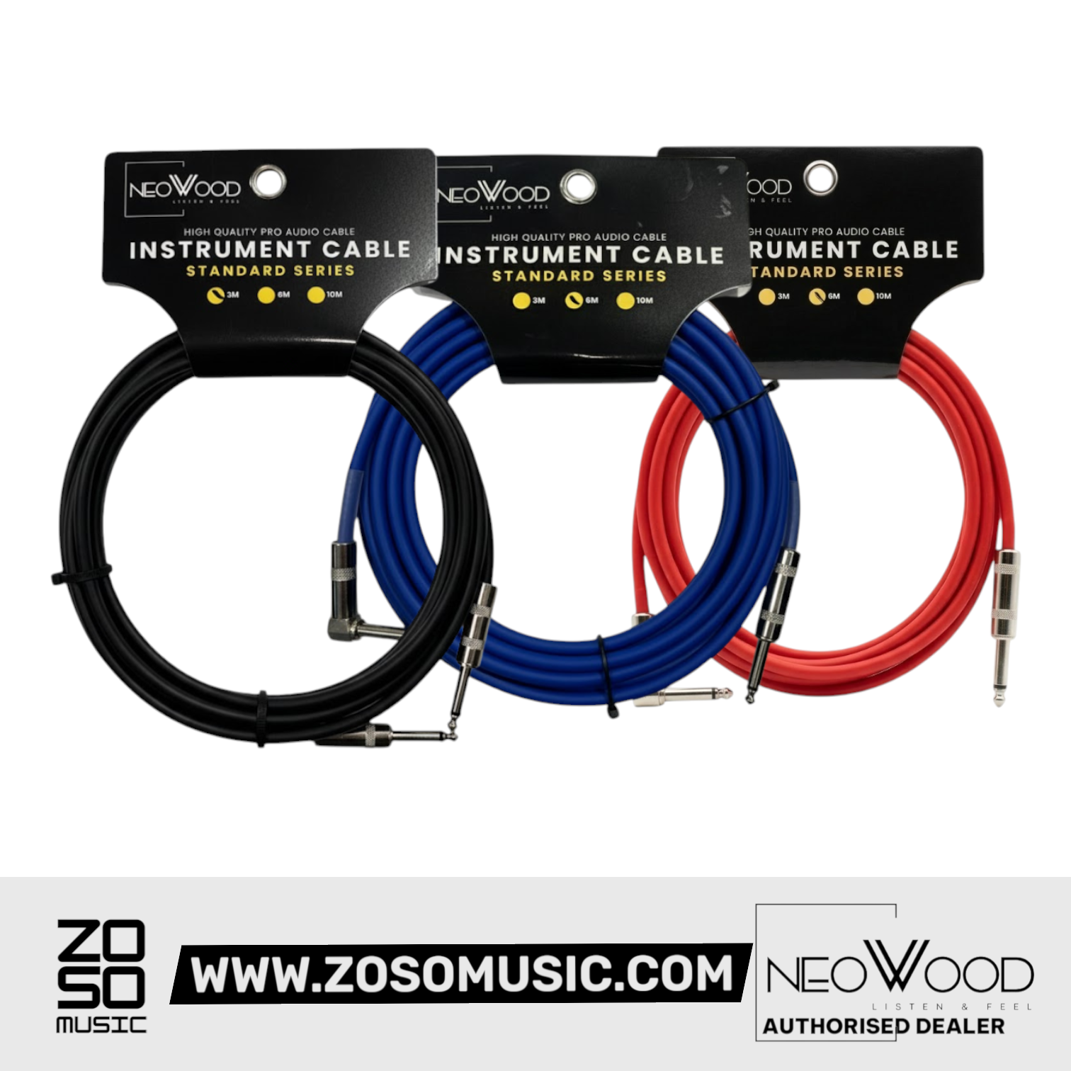 Zoso Music Neowood AMO002 instrument cables in black, blue, and red with straight and right-angled 1/4 inch plugs.