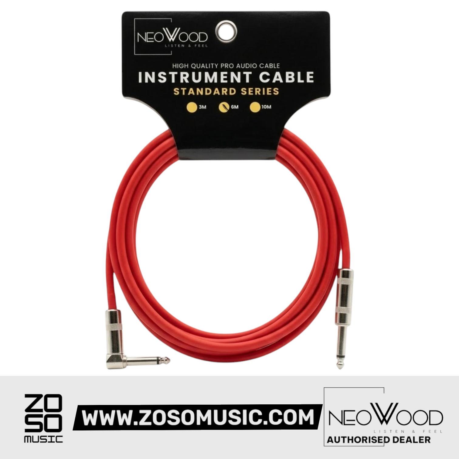 Zoso Music Neowood AMO002 red instrument cable with one straight and one right-angled 1/4 inch jack plug