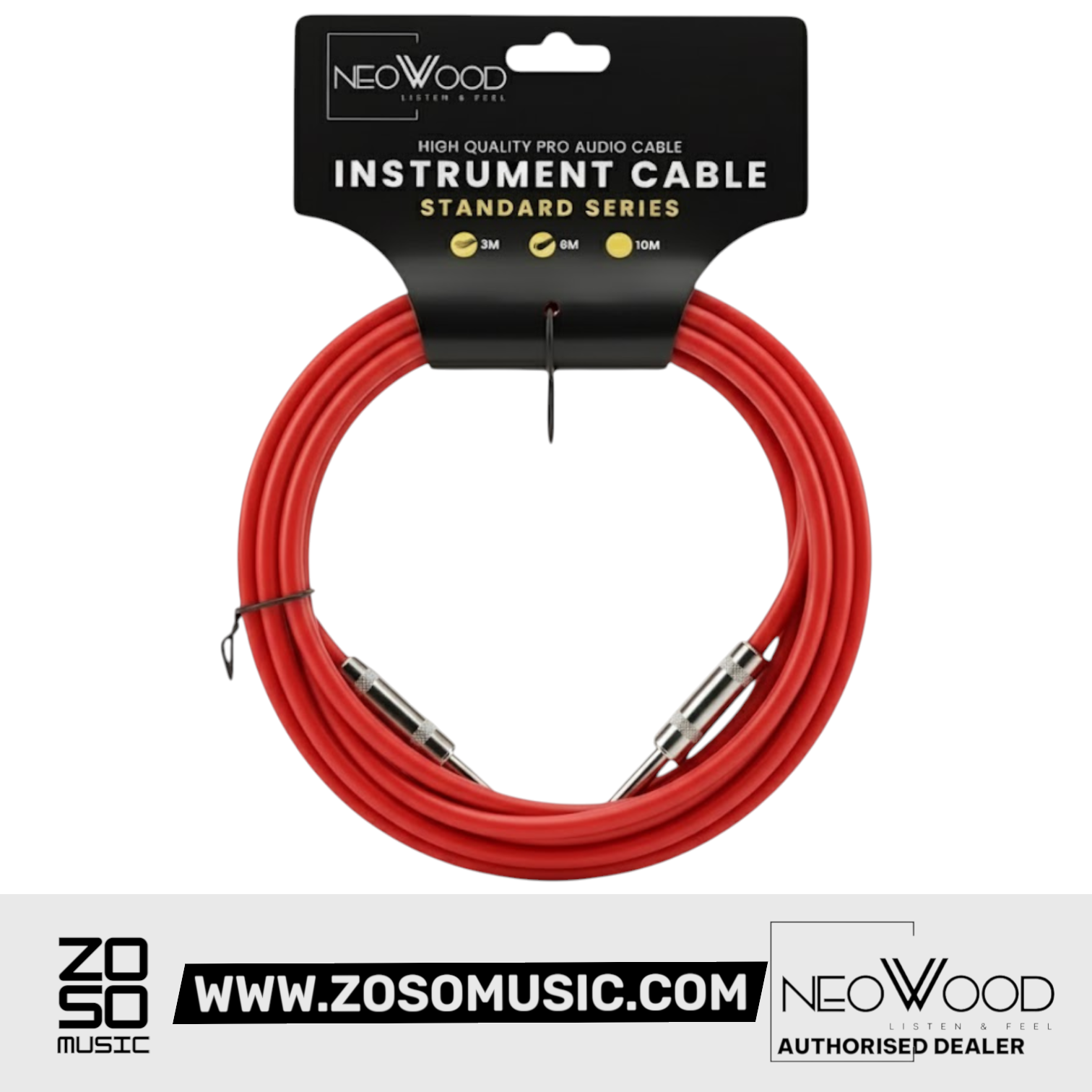 Zoso Music Neowood red instrument cable with straight 1/4 inch connectors for guitar and bass on retail packaging