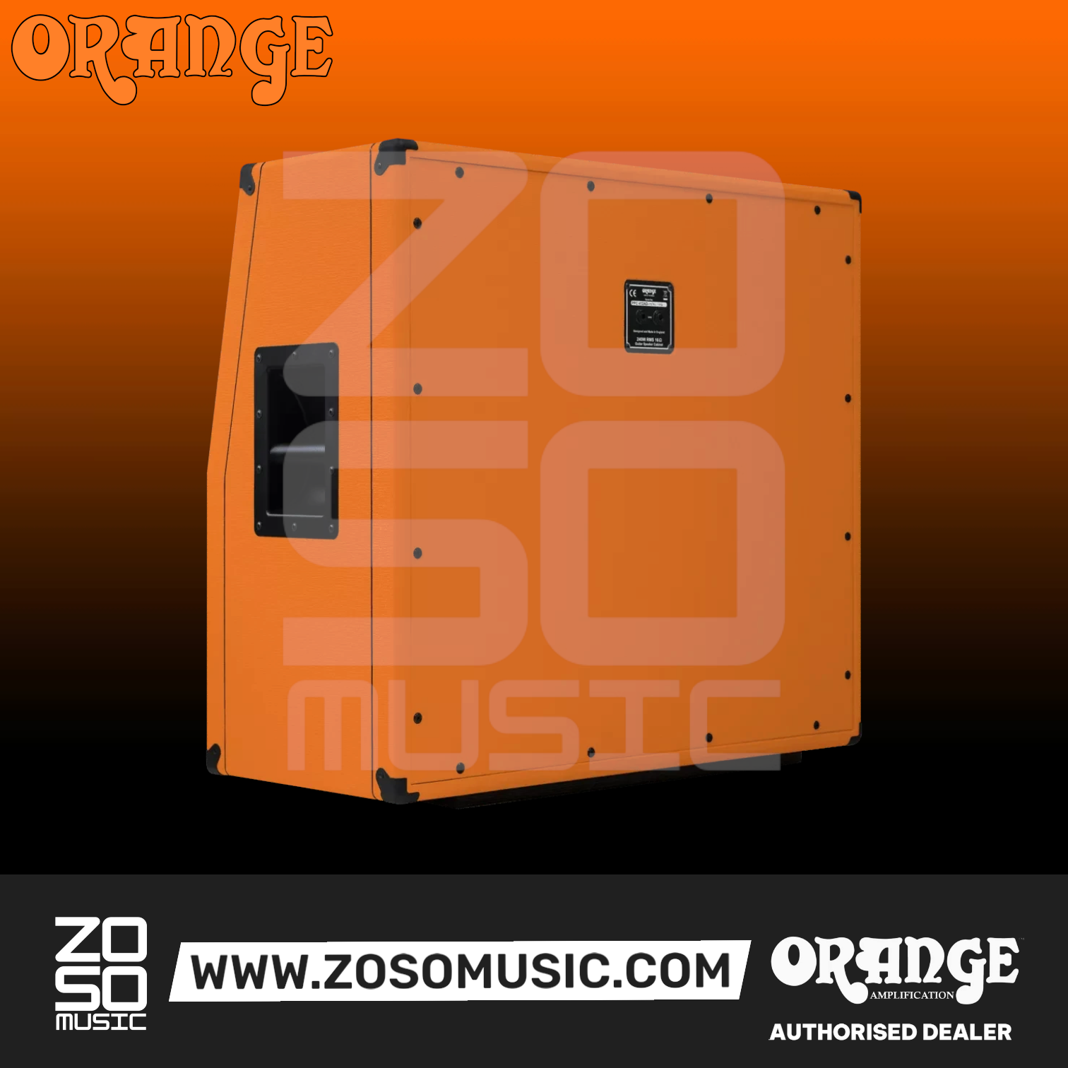 Zoso Music Orange PPC412 angled 4x12 guitar speaker cabinet in signature orange finish with black corner protectors