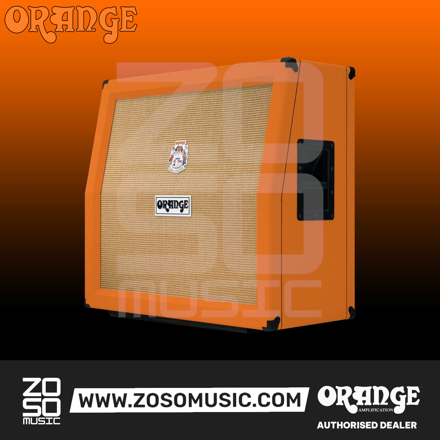 Zoso Music Orange PPC412 angled 4x12 guitar speaker cabinet with orange finish and beige woven grille cloth