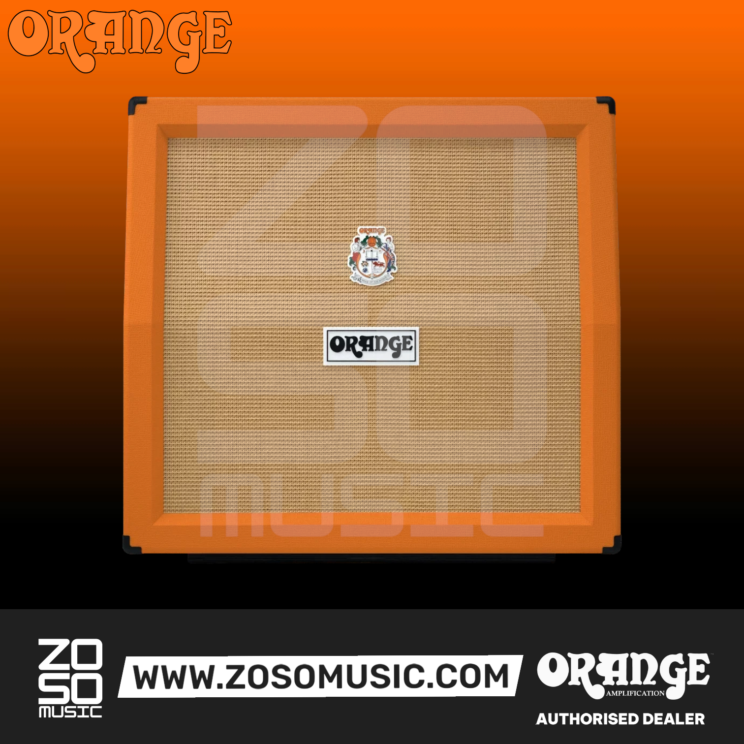Zoso Music Orange PPC412 angled 4x12 guitar speaker cabinet with orange frame, beige grille cloth, and logo badge