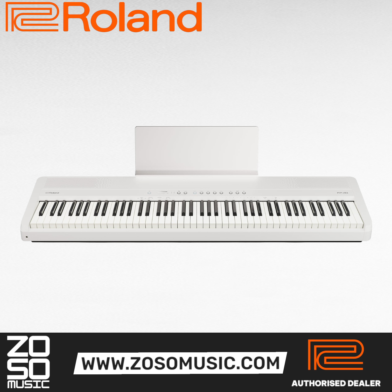 Zoso Music Roland FP-40 digital piano with 88 weighted Ivory Feel keys in a sleek white finish.