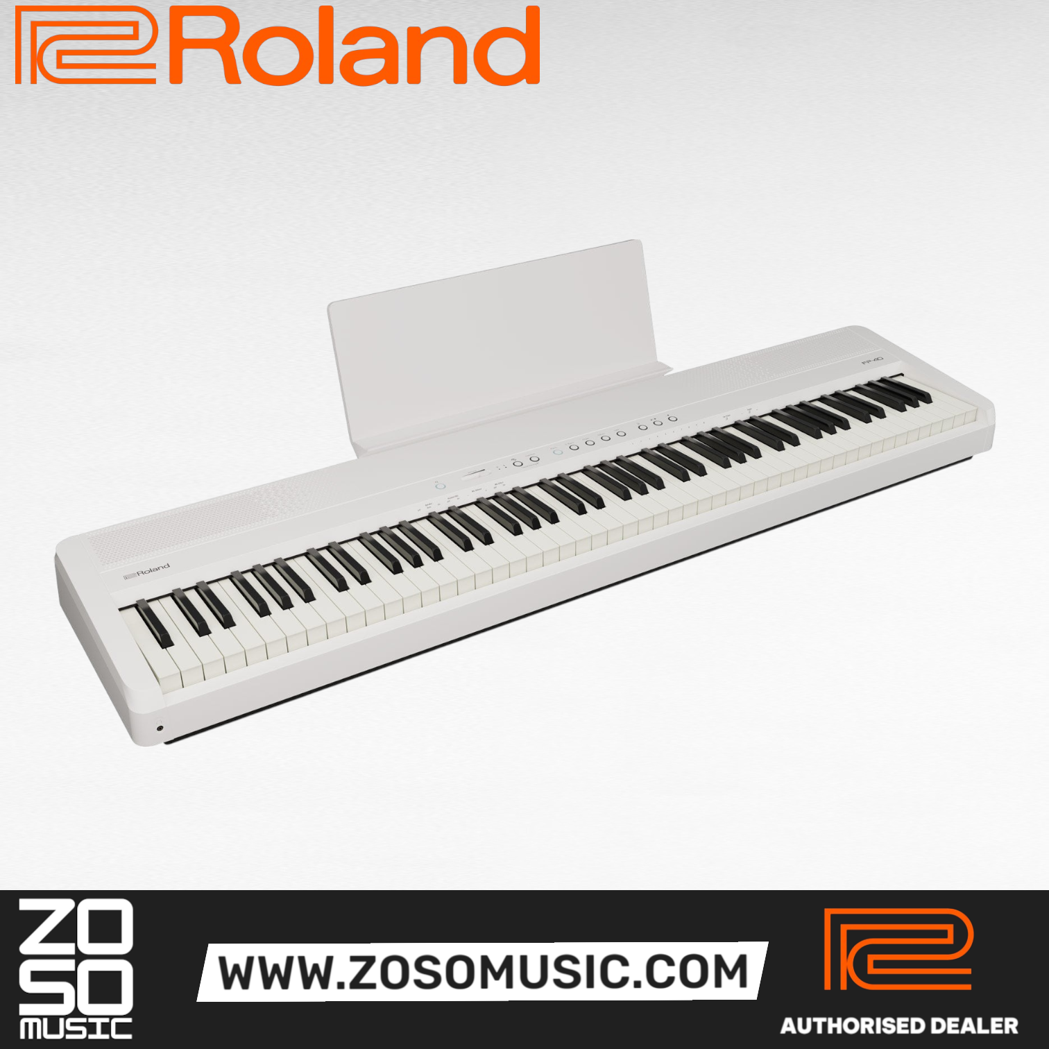 Zoso Music Roland FP-40 digital piano in white with 88 weighted keys and sleek modern design