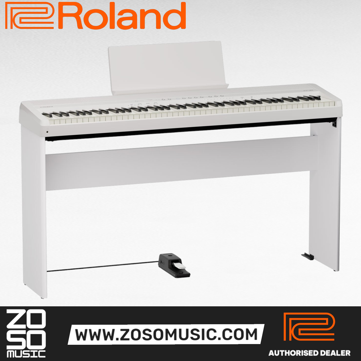 White Roland FP-40 digital piano with 88 weighted keys, stand, and pedal, available at Zoso Music.