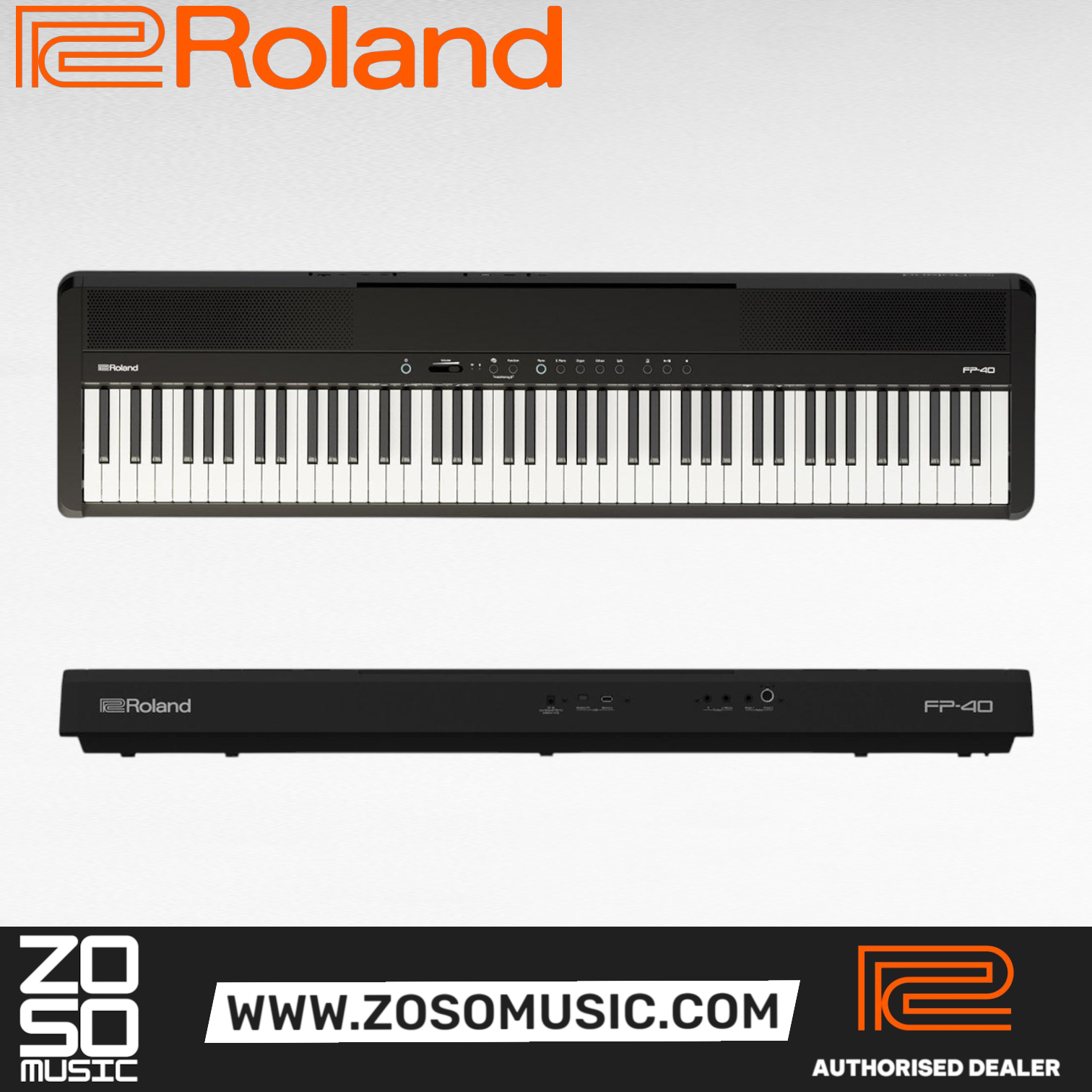 Zoso Music Roland FP-40 digital piano with 88 weighted keys, top and rear views showing controls and connectivity.