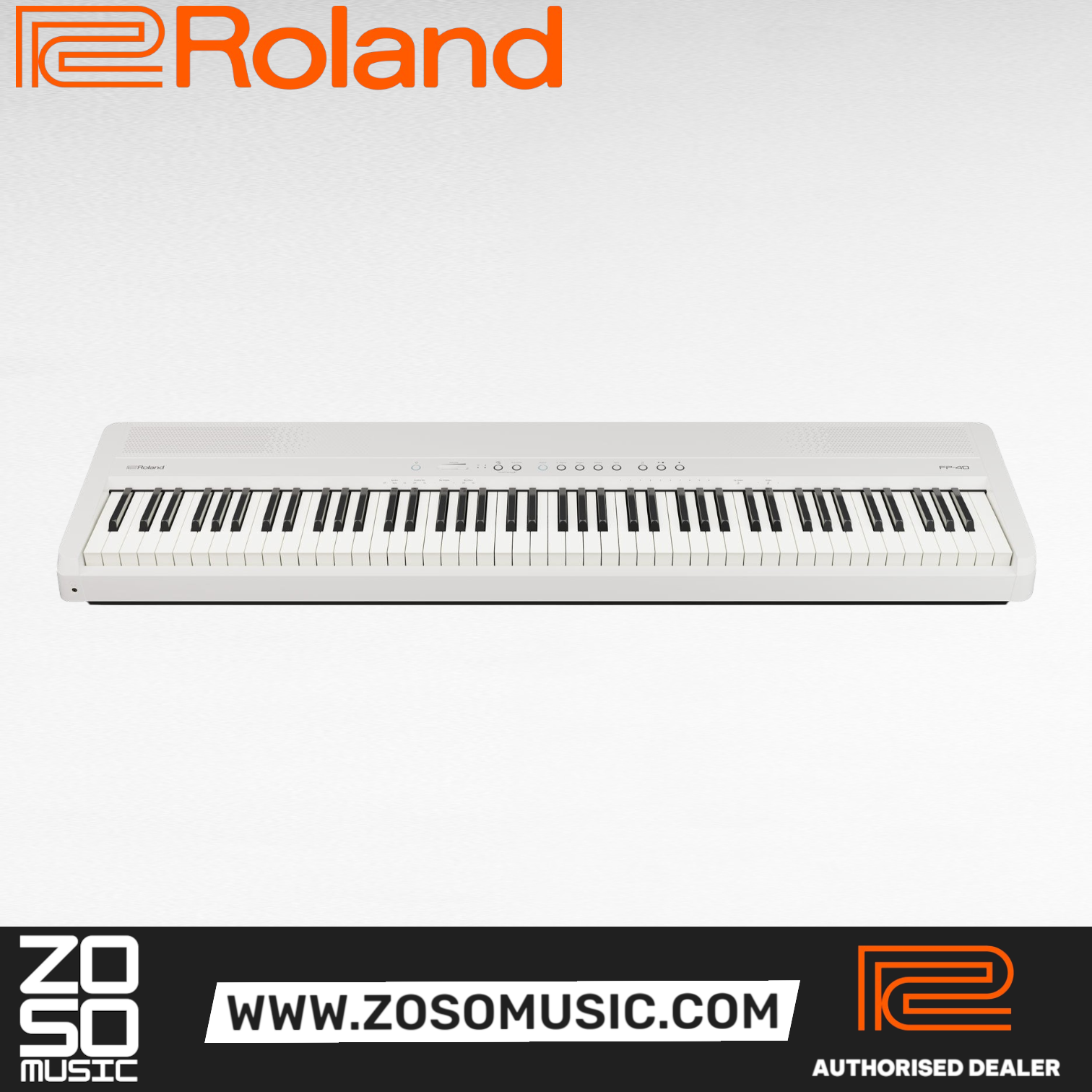 Zoso Music Roland FP-40 digital piano in white with 88 weighted keys and sleek modern design