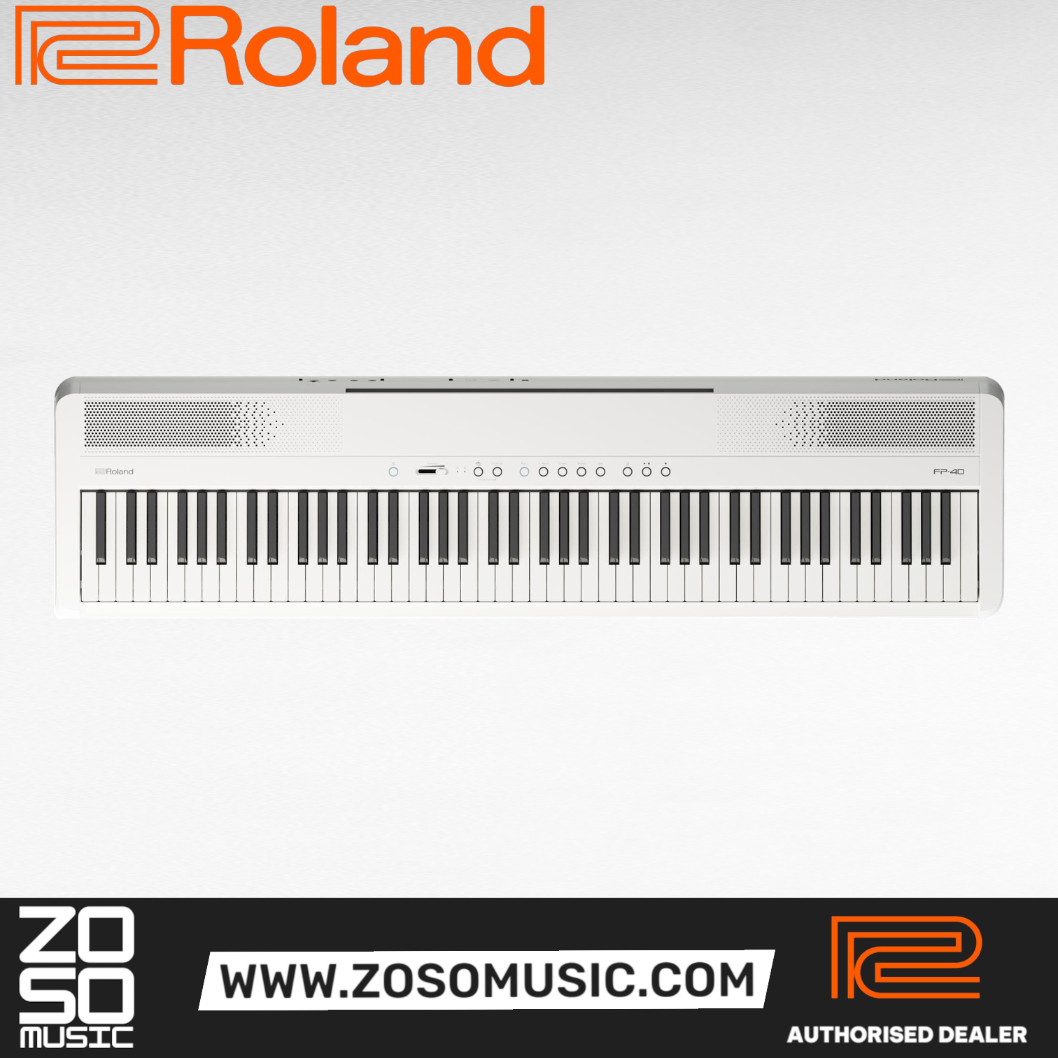Zoso Music Roland FP-40 digital piano in white with 88 weighted keys, featuring a sleek design and built-in speakers.