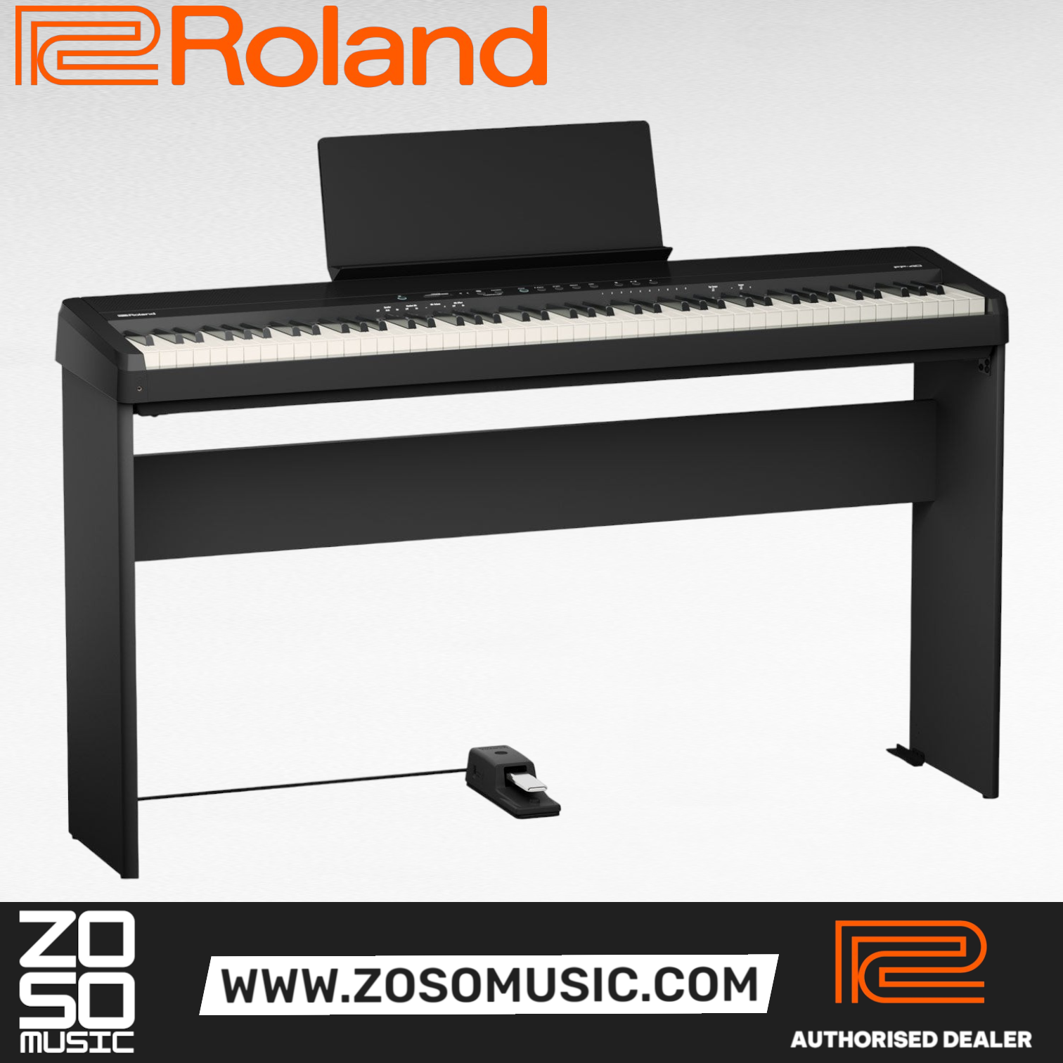 Zoso Music Roland FP-40 digital piano with 88 weighted keys, black finish, music rest, and included sustain pedal.