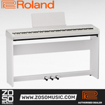 Zoso Music Roland FP-40 white 88-key digital piano with weighted keys, stand, and triple pedal unit.