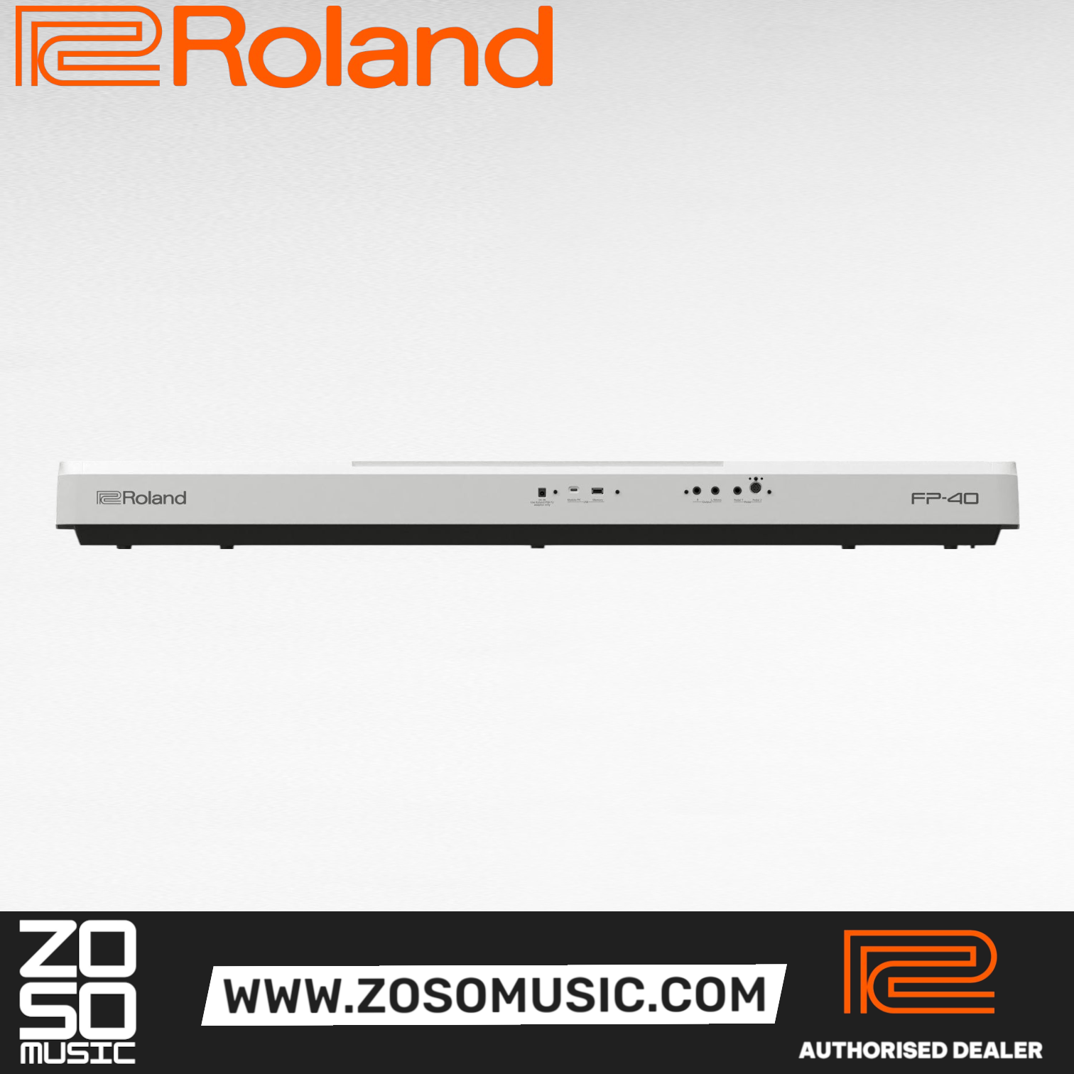 Rear panel of the Zoso Music Roland FP-40 digital piano showing connectivity ports including USB-C, USB-A, and pedal jacks.