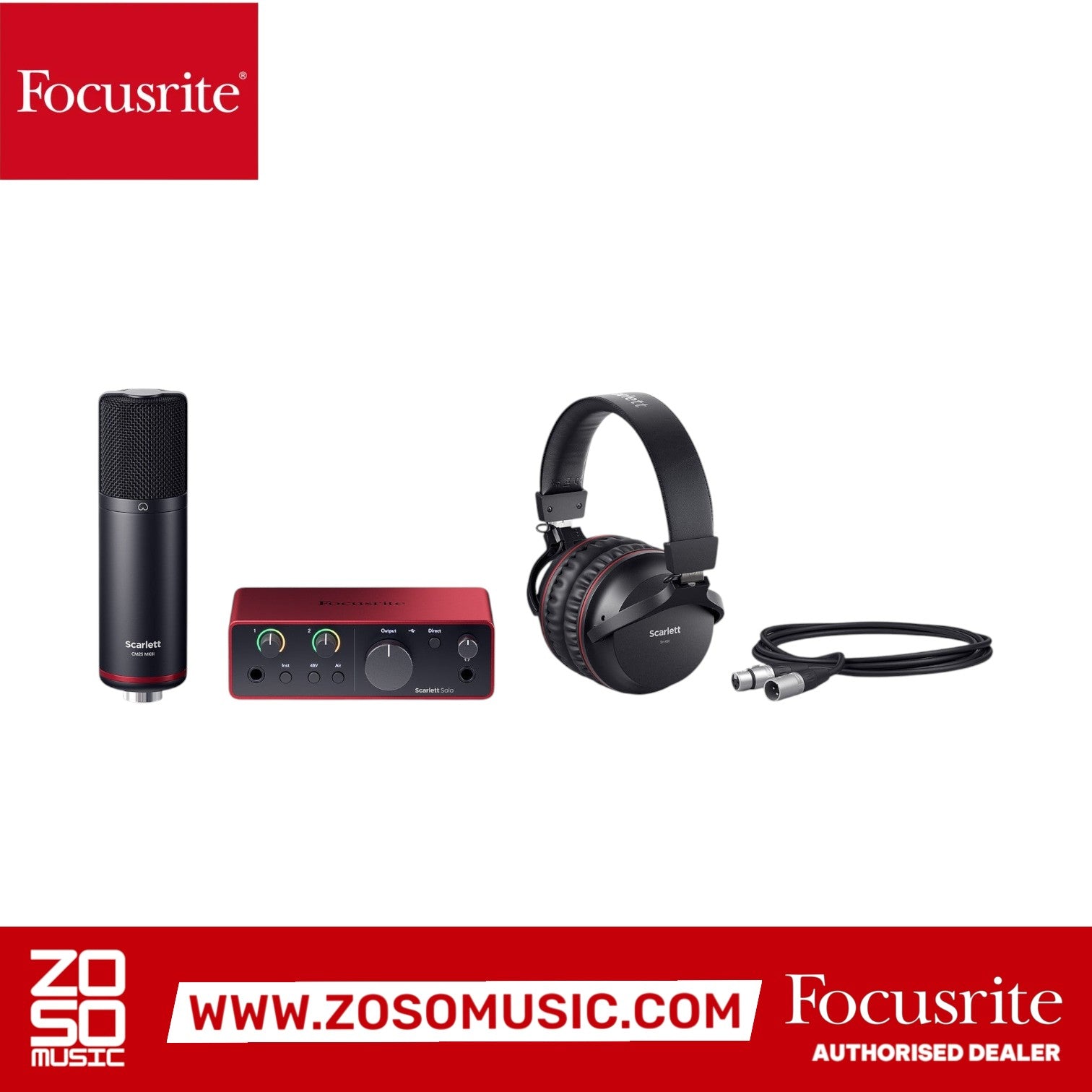Zoso Music Focusrite Scarlett Solo Studio 4th Gen bundle with red audio interface, condenser mic, and headphones.