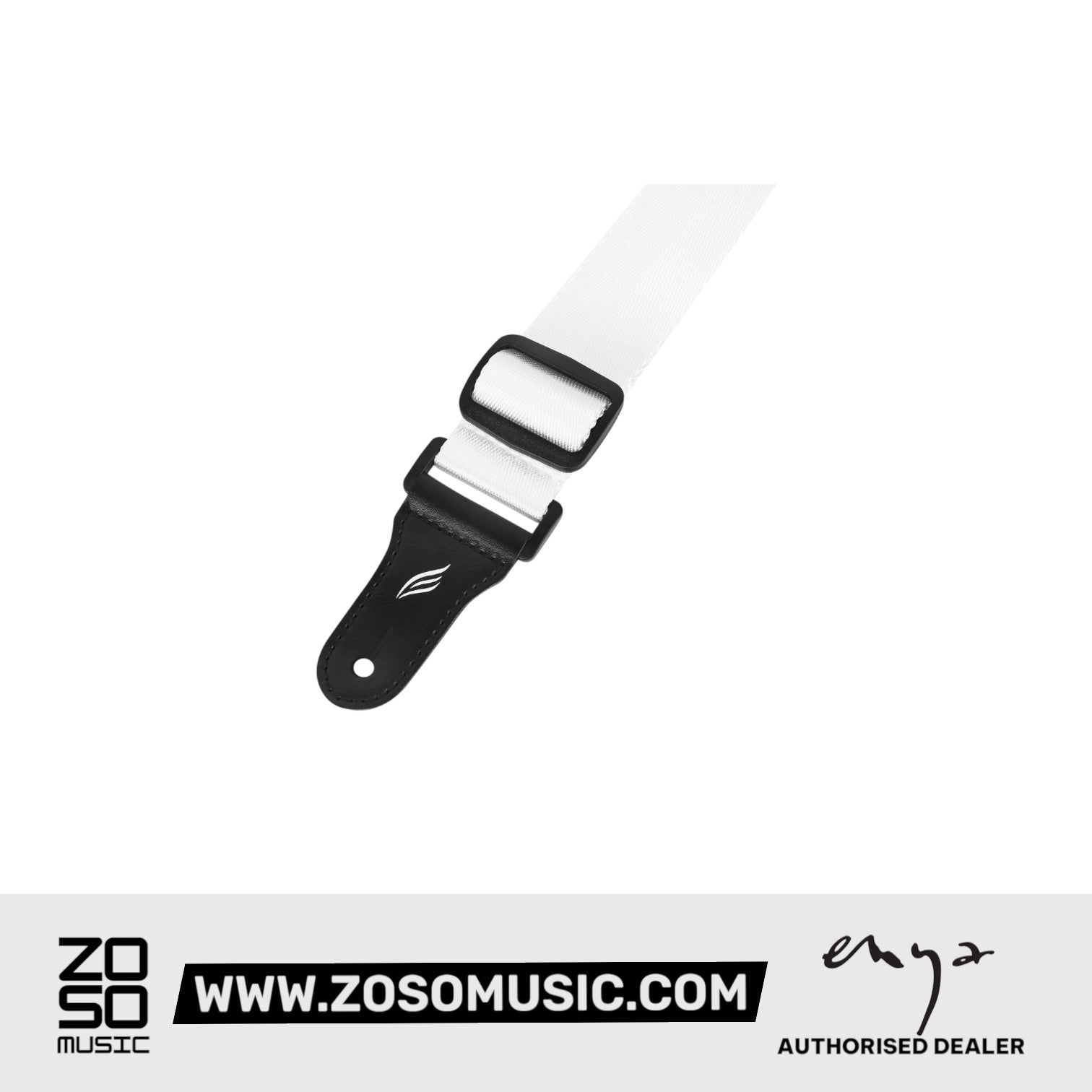 Zoso Music white woven nylon ukulele strap with black leather ends and adjustable buckle