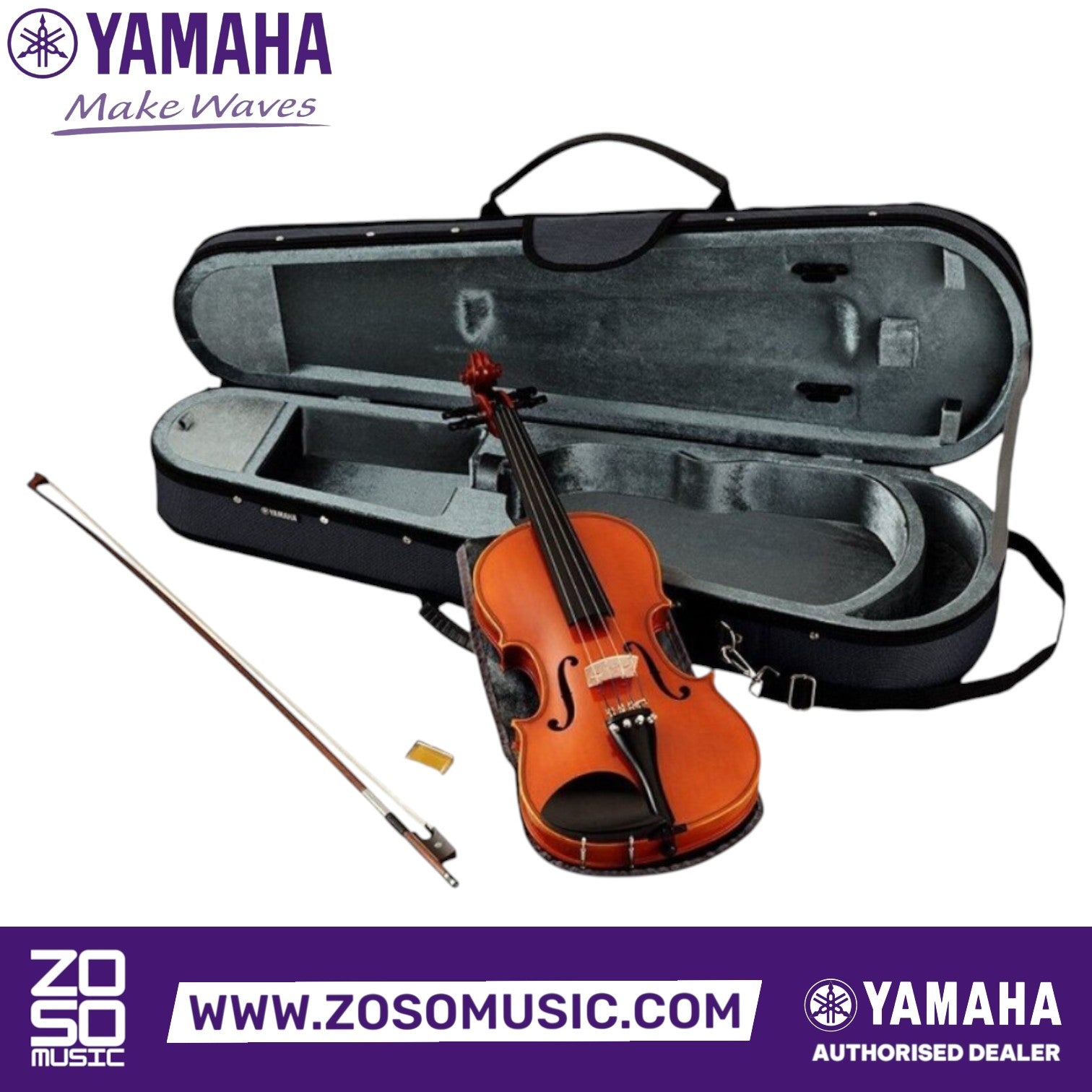 Zoso Music Yamaha V3SKA34 3/4 size beginner acoustic violin with spruce top, maple body, bow, rosin, and hard case.