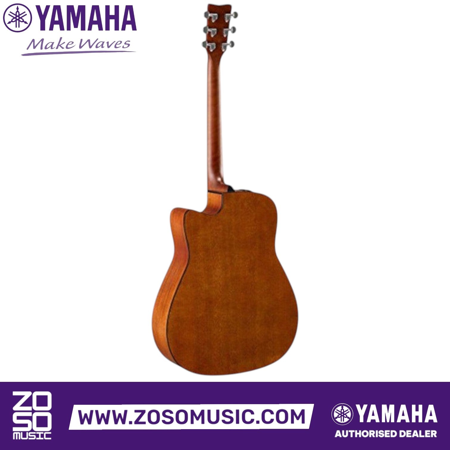 Back view of Zoso Music Yamaha FGX800C acoustic electric guitar featuring a natural wood finish and cutaway body