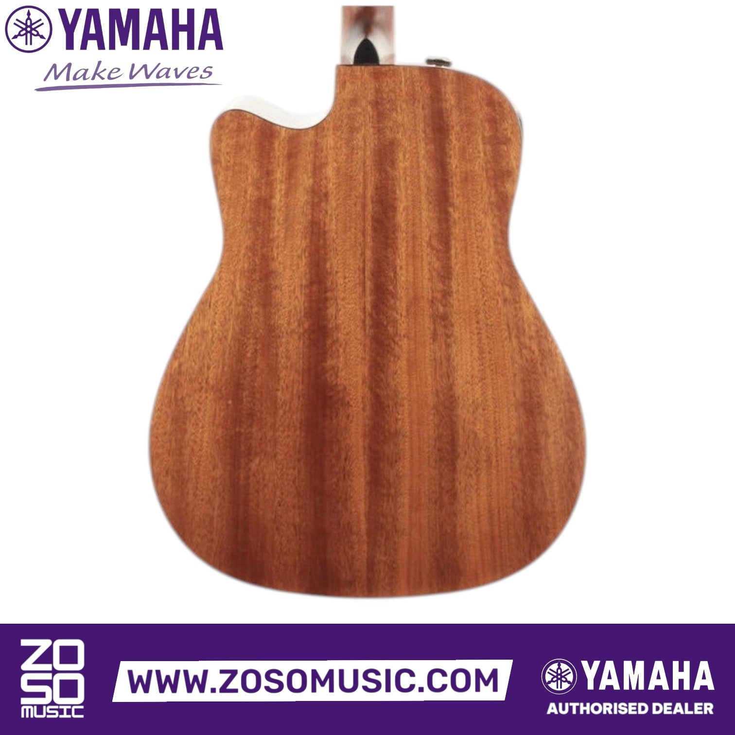 Zoso Music Yamaha FGX800C acoustic electric guitar back view showing nato wood grain and cutaway body design