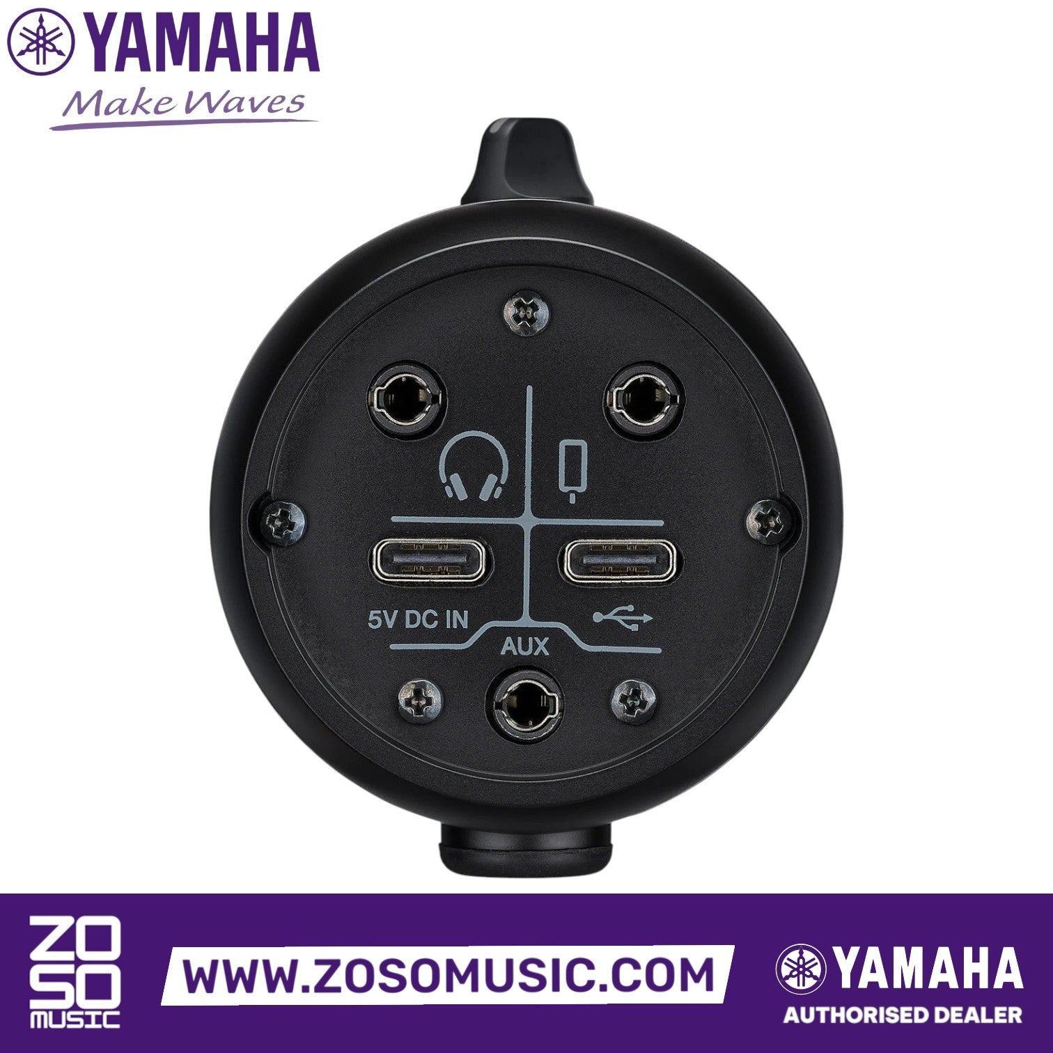 Zoso Music Yamaha AG01 black condenser microphone rear panel showing USB-C, headphone, and auxiliary input ports.