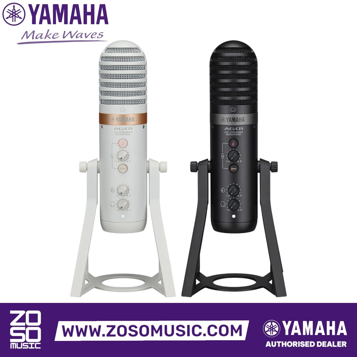 Zoso Music Yamaha AG01 live streaming USB condenser microphones in white and black with built-in mixer controls.