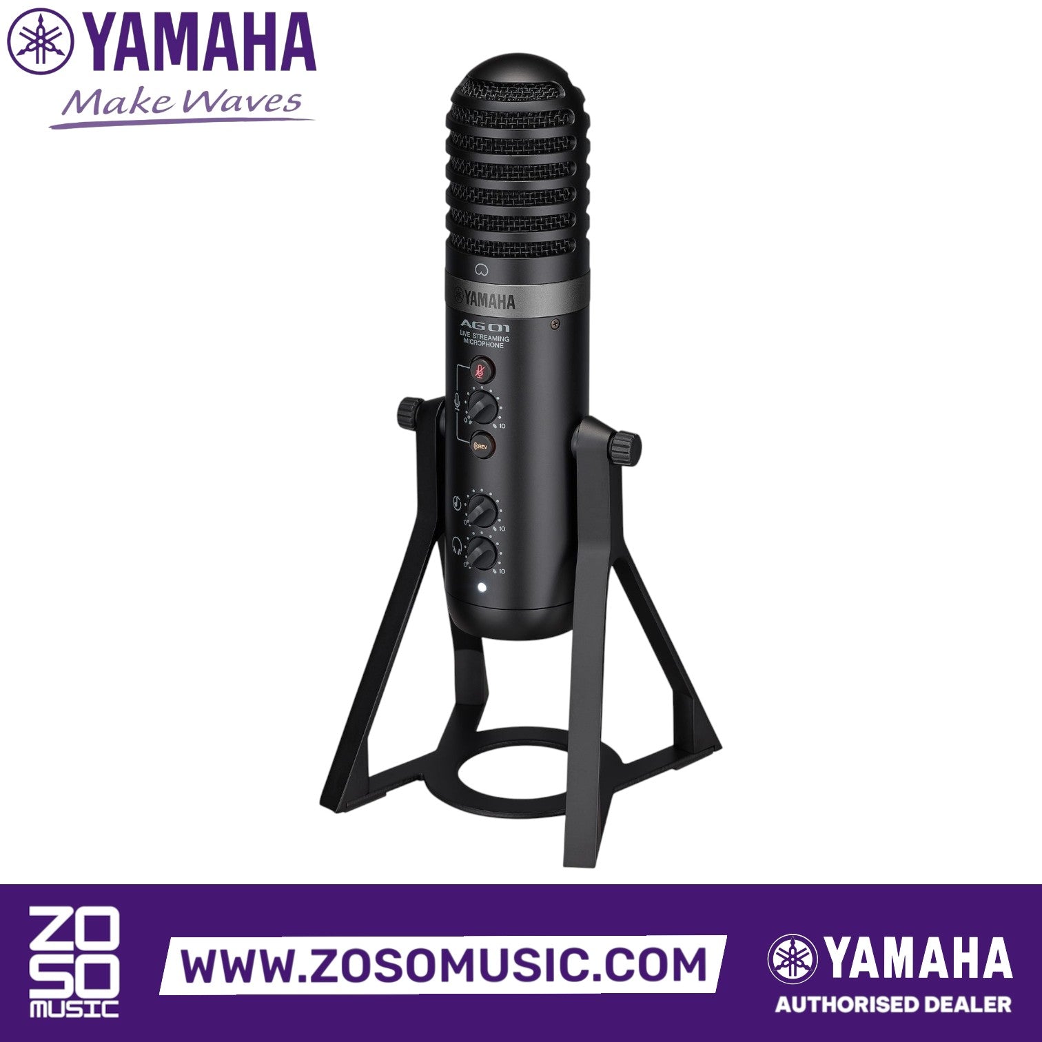 Zoso Music Yamaha AG01 black USB condenser microphone with built-in mixer and stand for live streaming