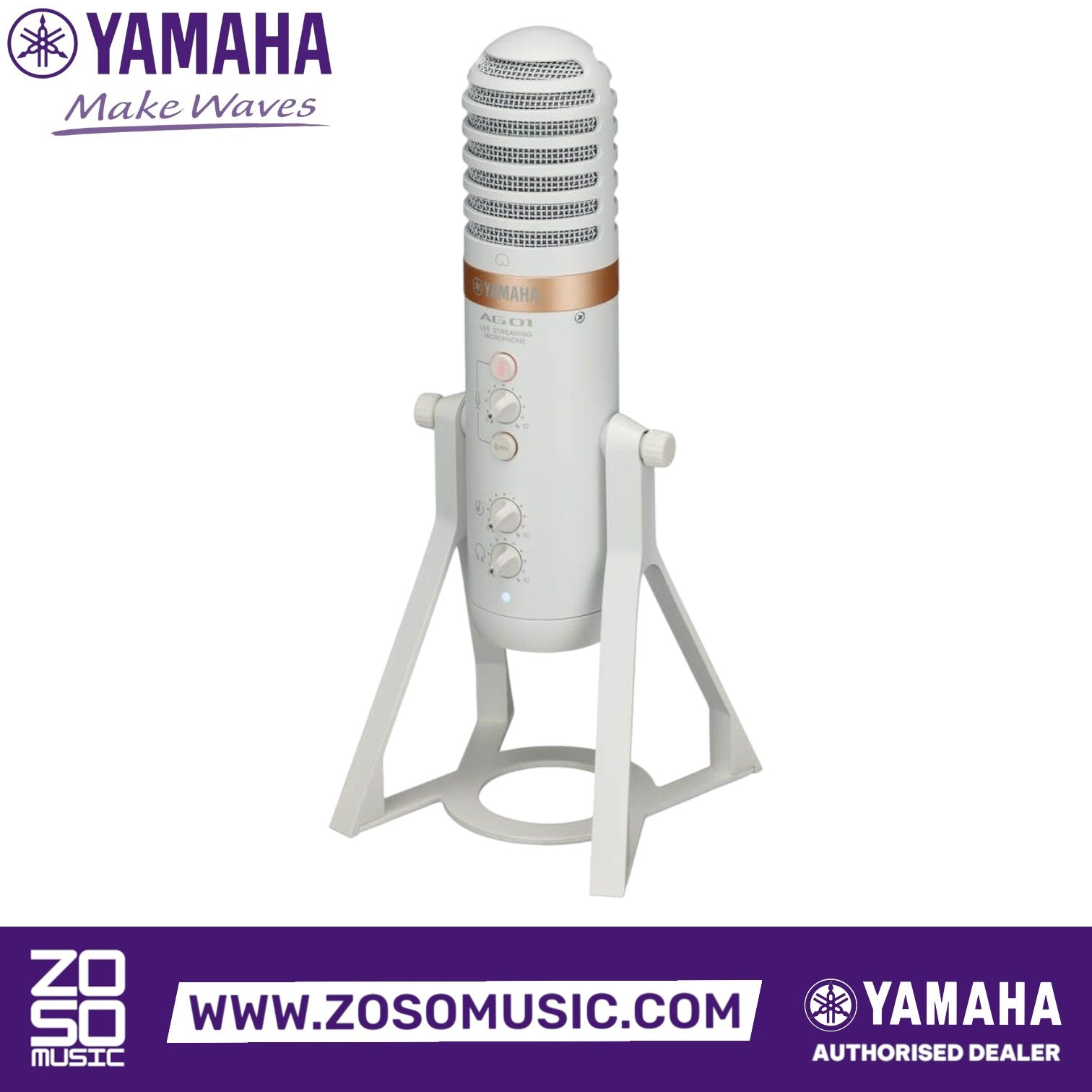 Zoso Music Yamaha AG01 white USB condenser microphone with built-in mixer and stand for live streaming.
